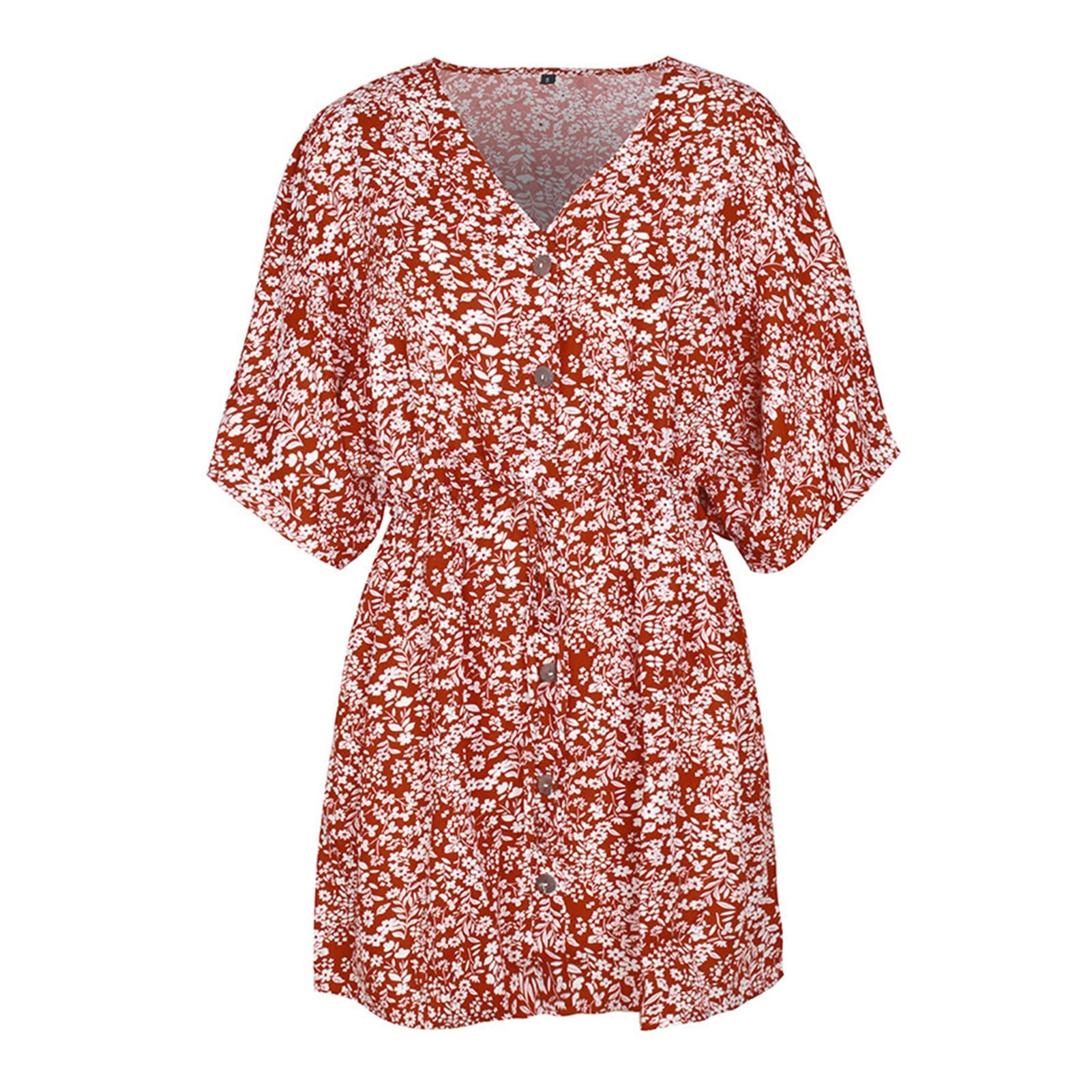 Floral Print Women's Dress with Drawstring Waist - 3 Colors, Half Sleeve Loose Fit Summer Dress for Casual Outings, Beach Wear & Vacation Outfits