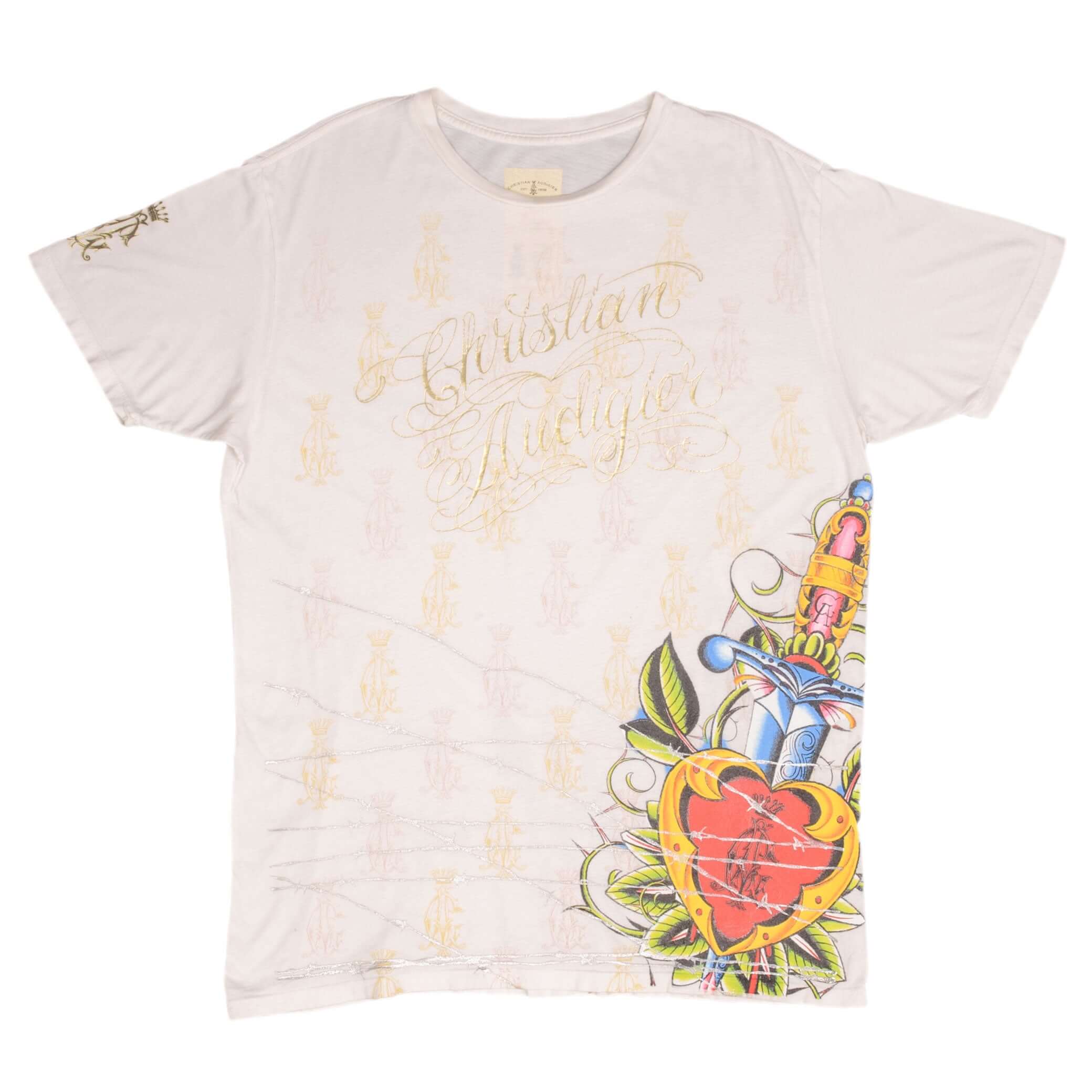 Vintage Christian Audigier All Over Print T-Shirt - 2000s Retro Graphic Tee - Made in USA - Size Large - Casual Wear & Street Style Fashion