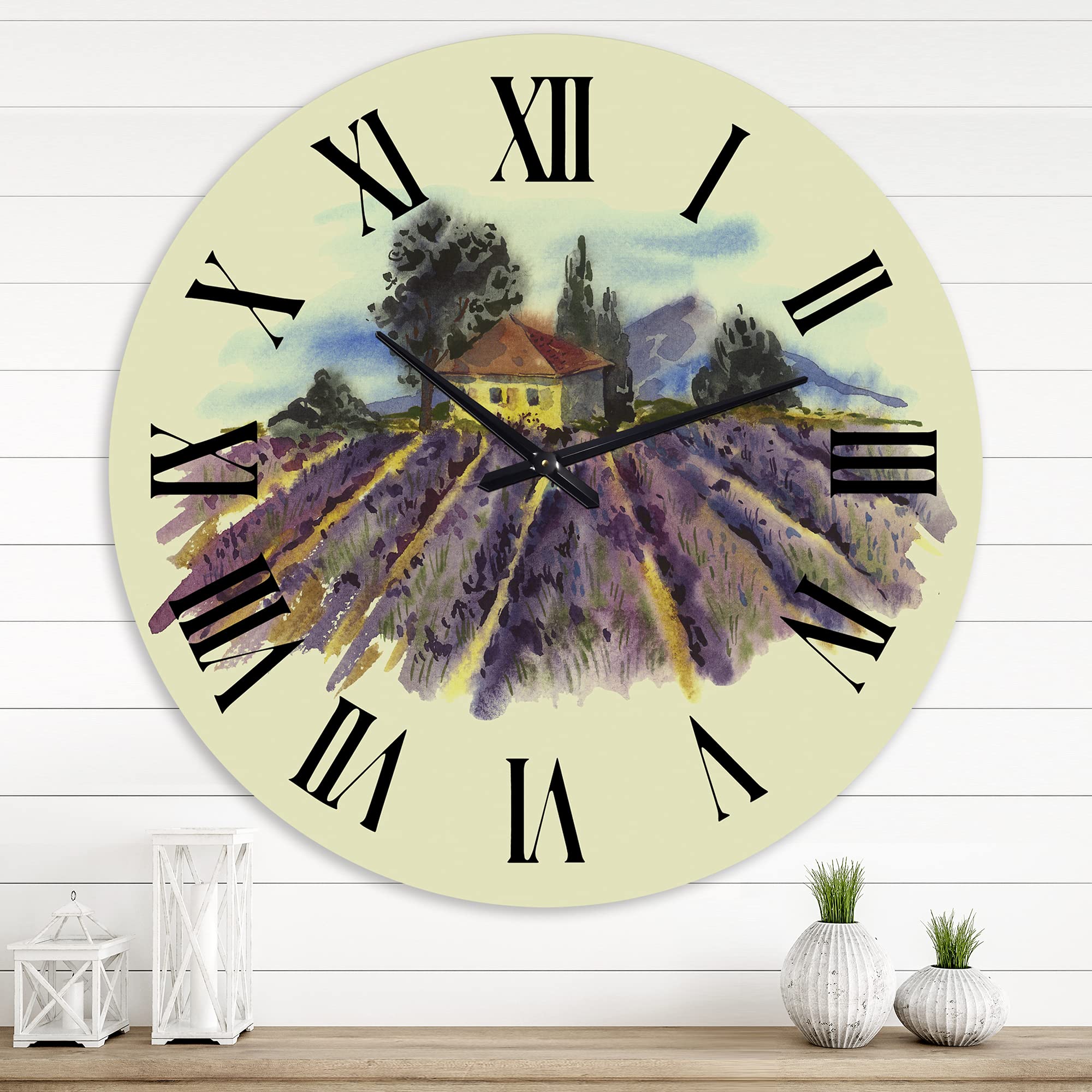 DesignQ Traditional Wall Clock - Large 'Blooming Lavender Landscape' Wall Art for Living Room, Bedroom & Office Decor | Silent Non-Ticking Clock for Home & Workspace