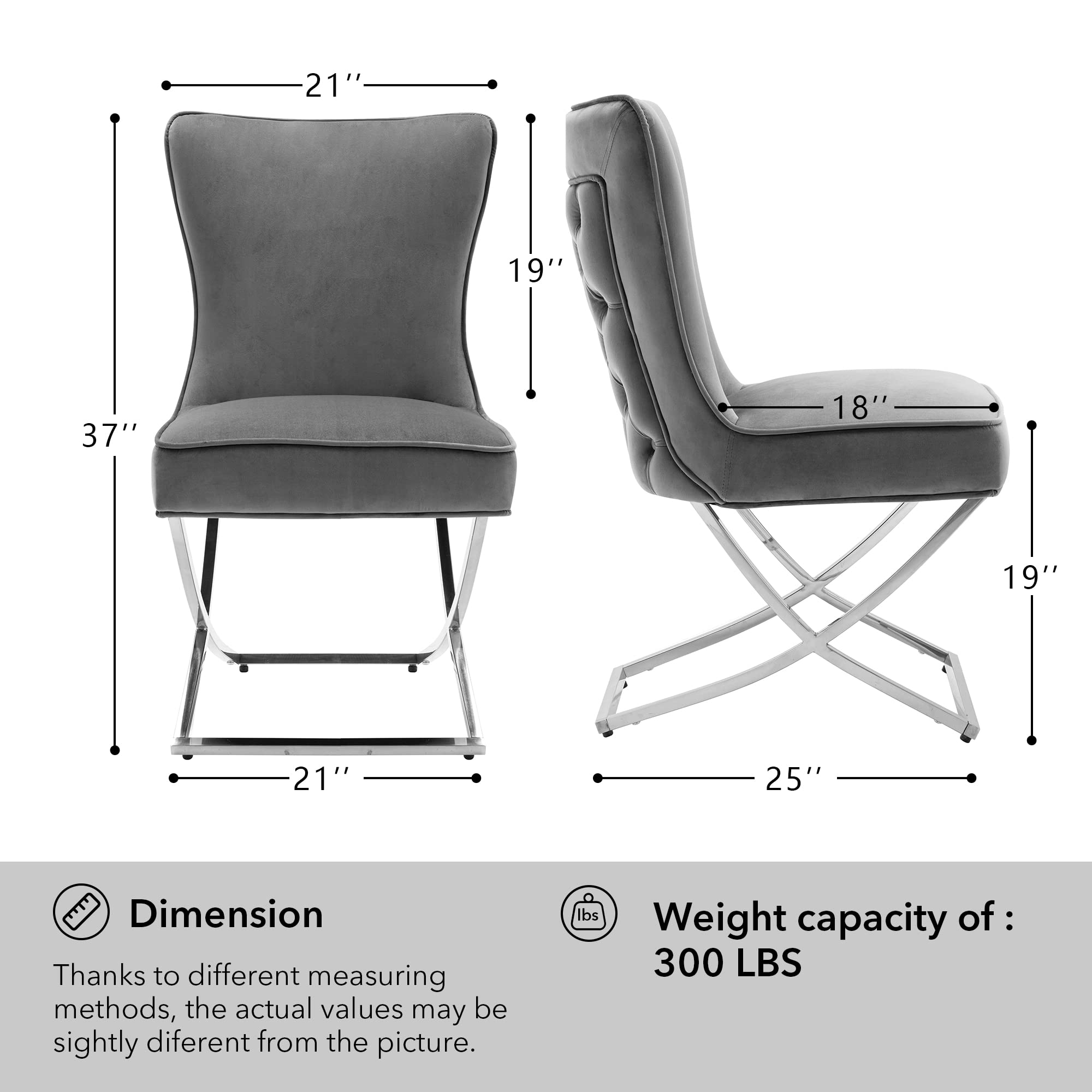 Luxury Velvet Dining Chairs Set of 2 - Tufted Upholstered Accent Chairs with Stainless Steel Legs for Dining Room, Living Room, Bedroom - Dark Grey Modern Home Decor