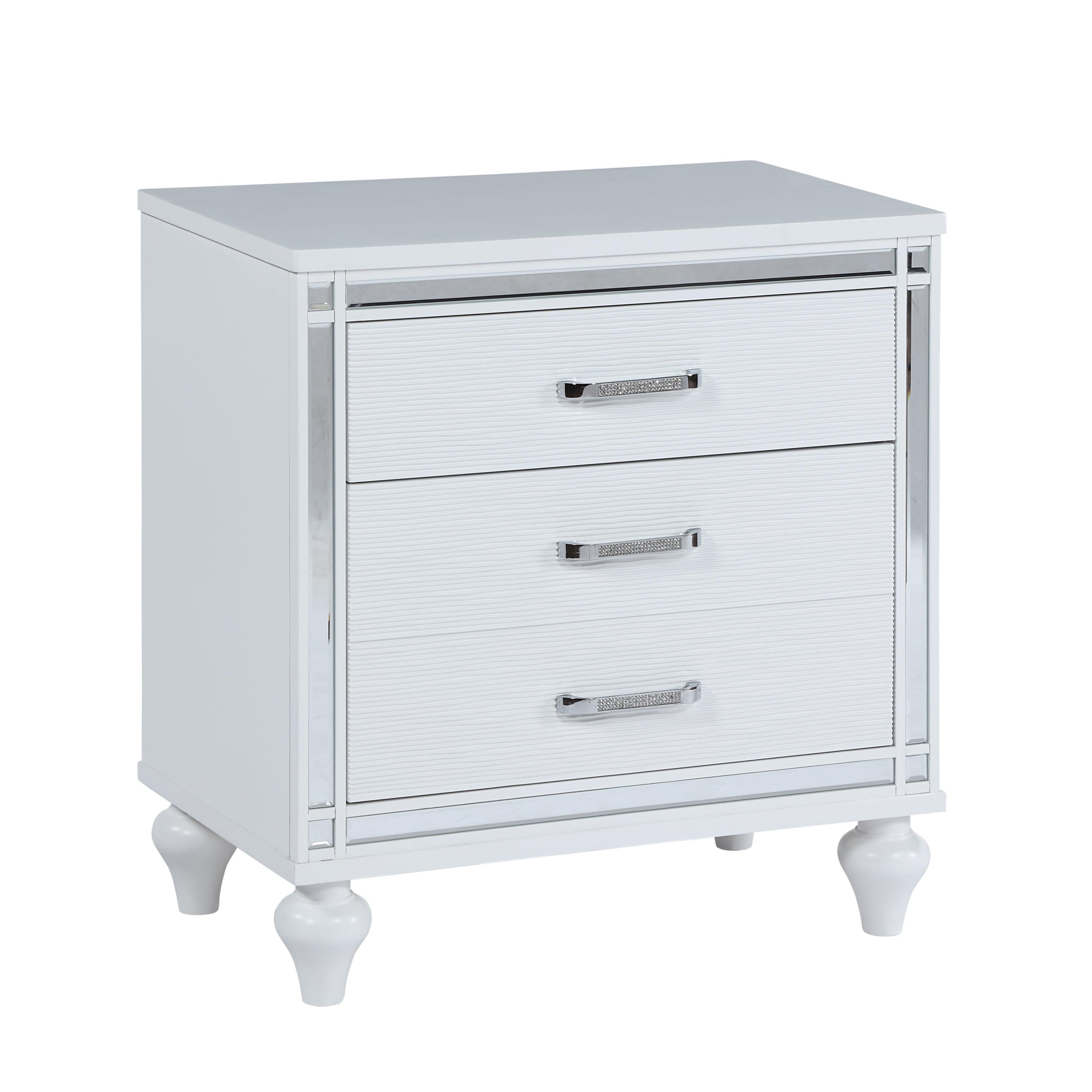 Modern White Nightstand with Mirror Frame & Crystal Pulls - 2 Drawers + Hidden Storage, Bedside Table for Bedroom, Living Room - Perfect for Small Spaces & Apartment Decor