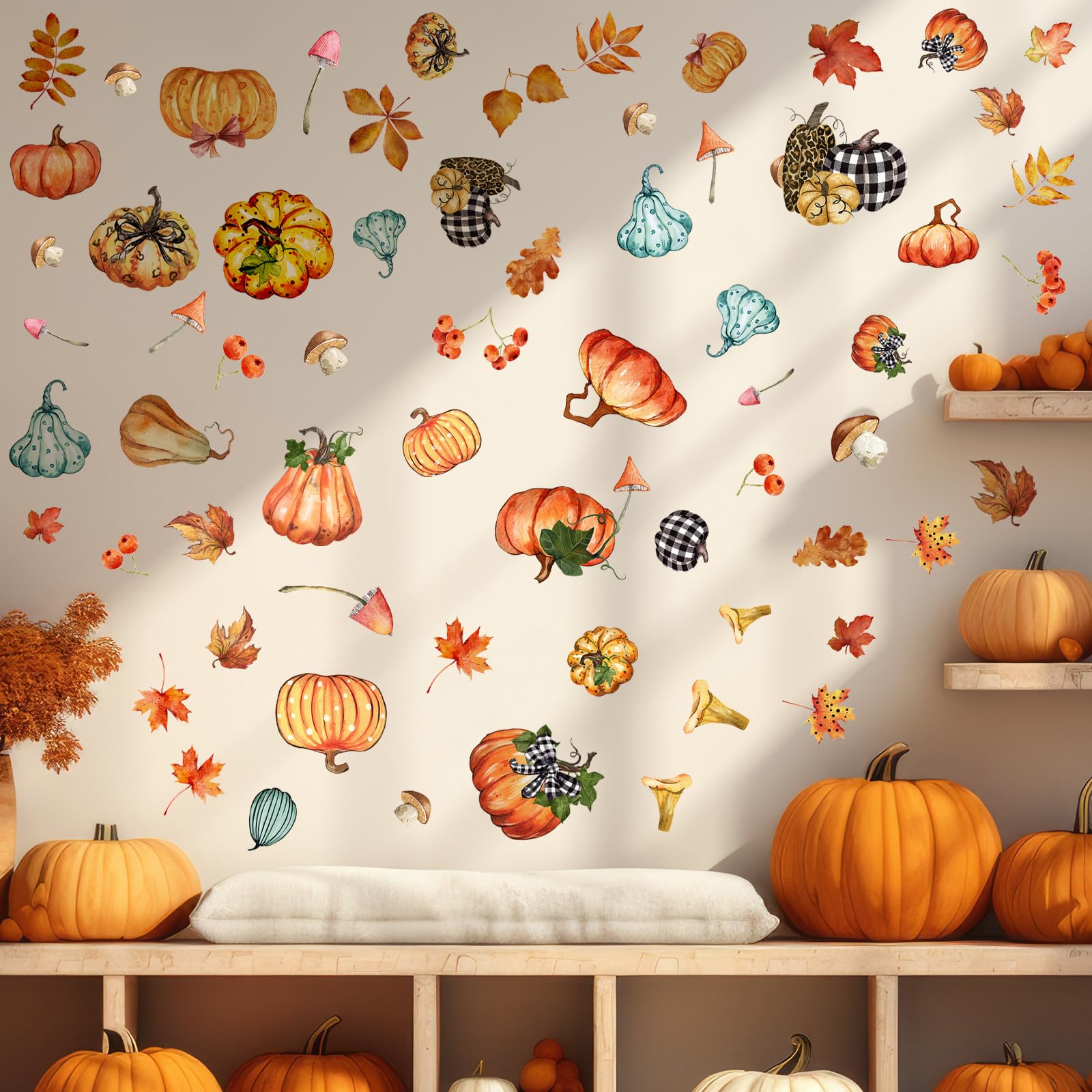 6 Sheets Thanksgiving Fall Wall Stickers - Autumn Leaves & Pumpkin Decor for Home, Office, Classroom - Removable Wall Decals for Kids, Parties & Seasonal Decorations - Perfect for Thanksgiving, Halloween & Fall Festivities
