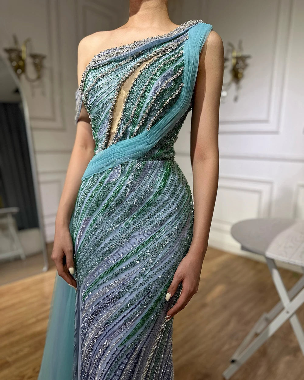 Luxury Dubai Arabic One Shoulder High Slit Blue Mermaid Gown - Beaded Saudi Evening Dress for Formal Occasions - Perfect for Weddings, Galas & Red Carpet Events LA72718