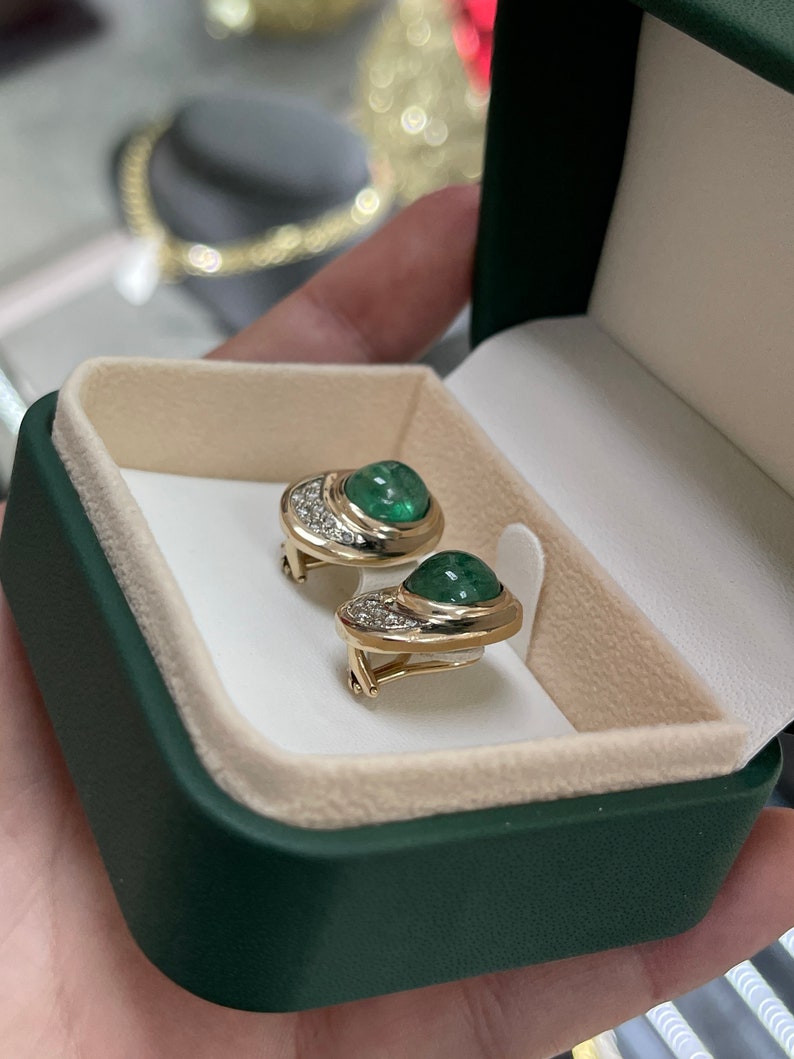 10.14tcw 14K Yellow Gold Emerald Cabochon & Diamond Accent Clip-On Earrings for Women | Luxury Wedding, Party & Evening Wear Jewelry Gift