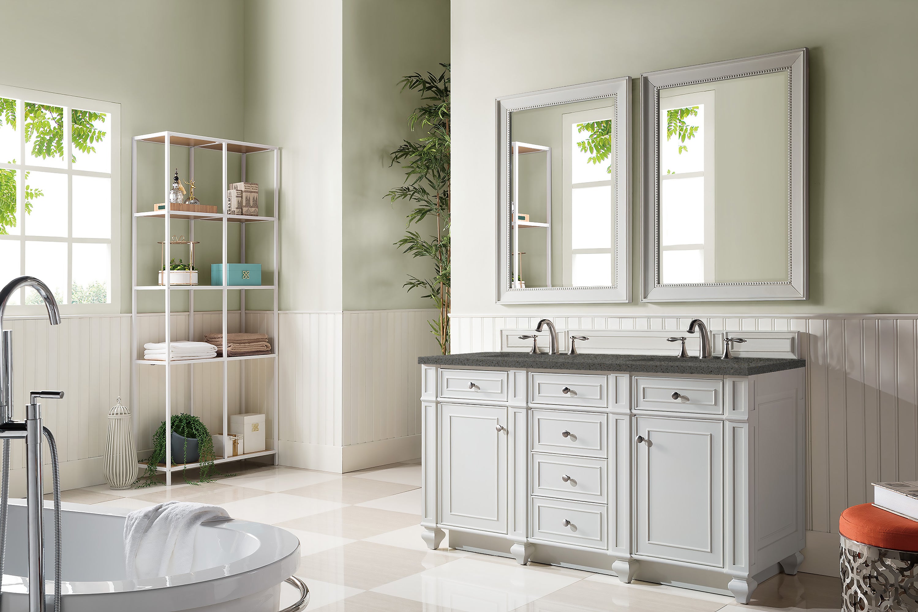 Bristol 60 Inch Double Bathroom Vanity with Sink - Bright White Finish & 3CM Gray Expo Quartz Countertop - Perfect for Modern Master Bathrooms & Guest Suites