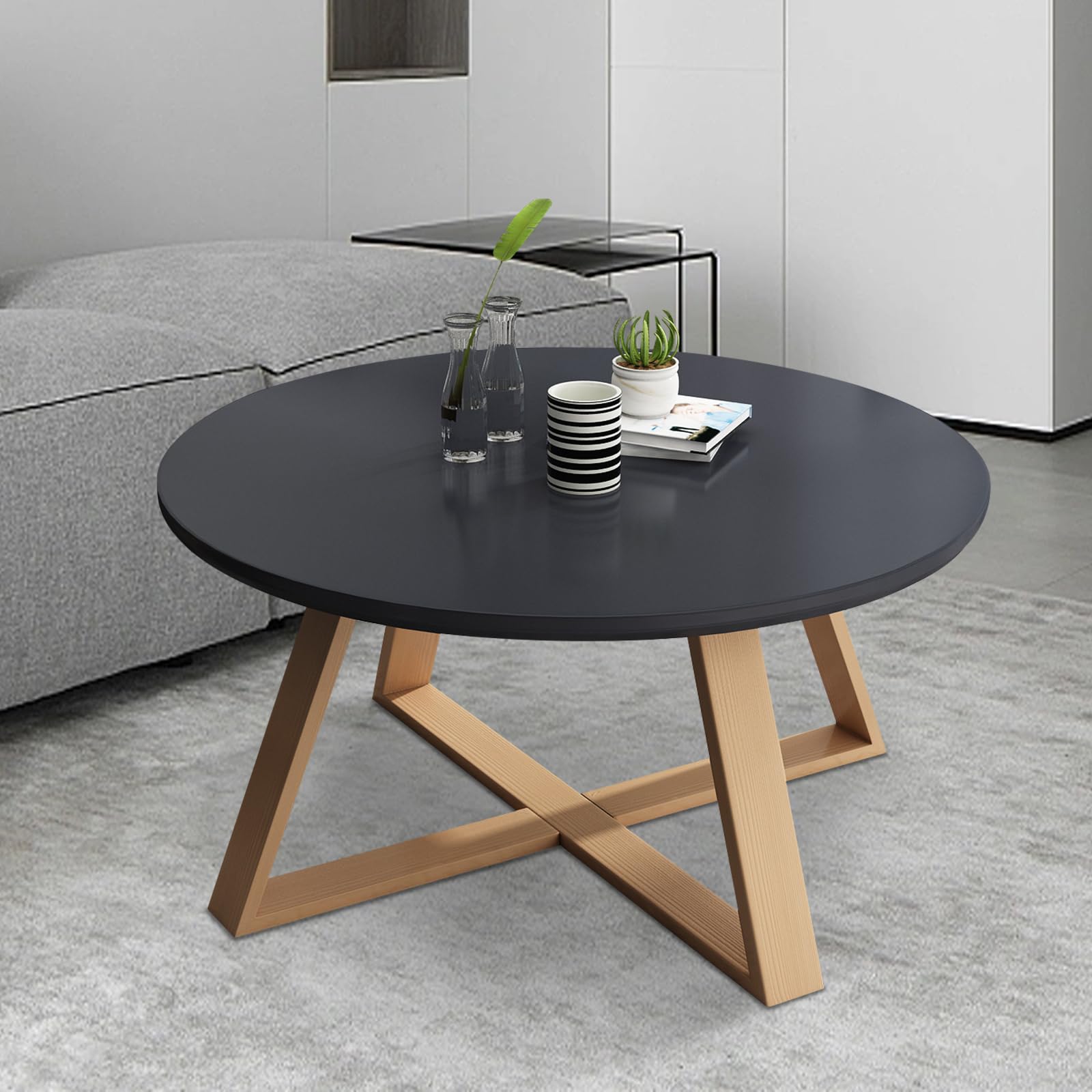 Round Wood Coffee Table - Mid Century Modern Small End Table for Living Room, Farmhouse Side Table, Rustic Wooden Sofa Center Table for Small Spaces - Easy Assembly - Perfect for Apartments, Dorms & Cozy Home Decor