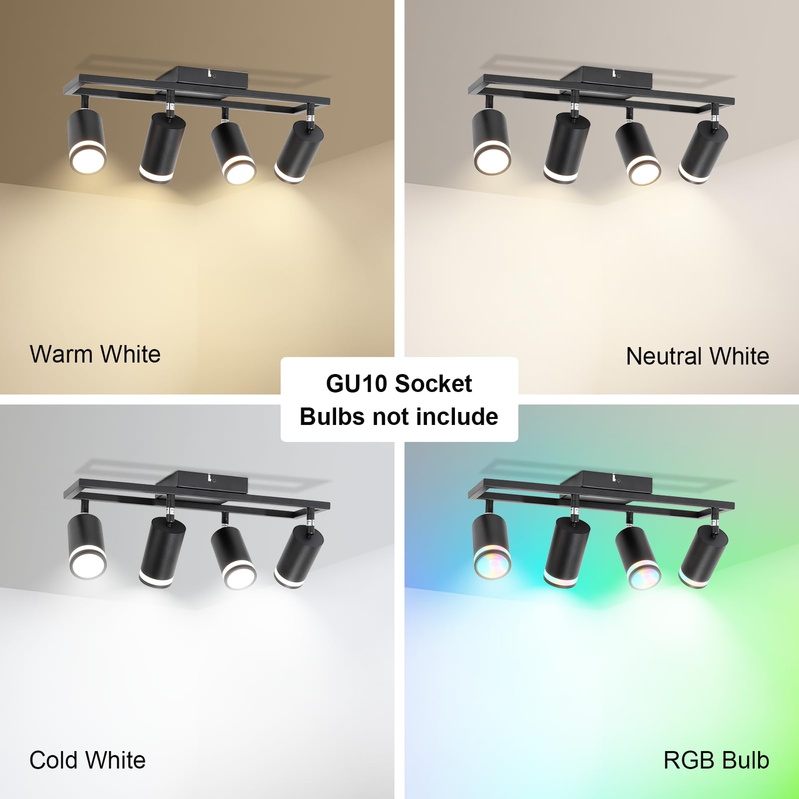 4-Light Black GU10 LED Track Lighting Fixture - Modern Ceiling Spotlight Kit for Kitchen, Hallway, Bedroom & Living Room - Adjustable Track Lights for Home & Office Lighting