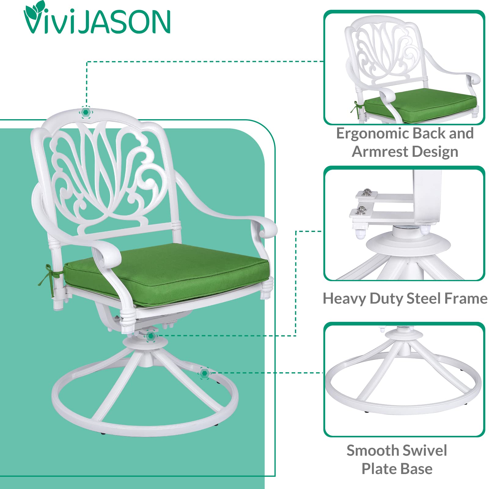 VIVIJASON 5-Piece Outdoor Patio Dining Set - All-Weather Cast Aluminum Conversation Set with 4 Swivel Chairs & 1 Square Table (Umbrella Hole) - White Patio Furniture for Balcony, Lawn, Garden - Perfect for Backyard BBQs, Poolside Relaxation & Outdoor Entertaining
