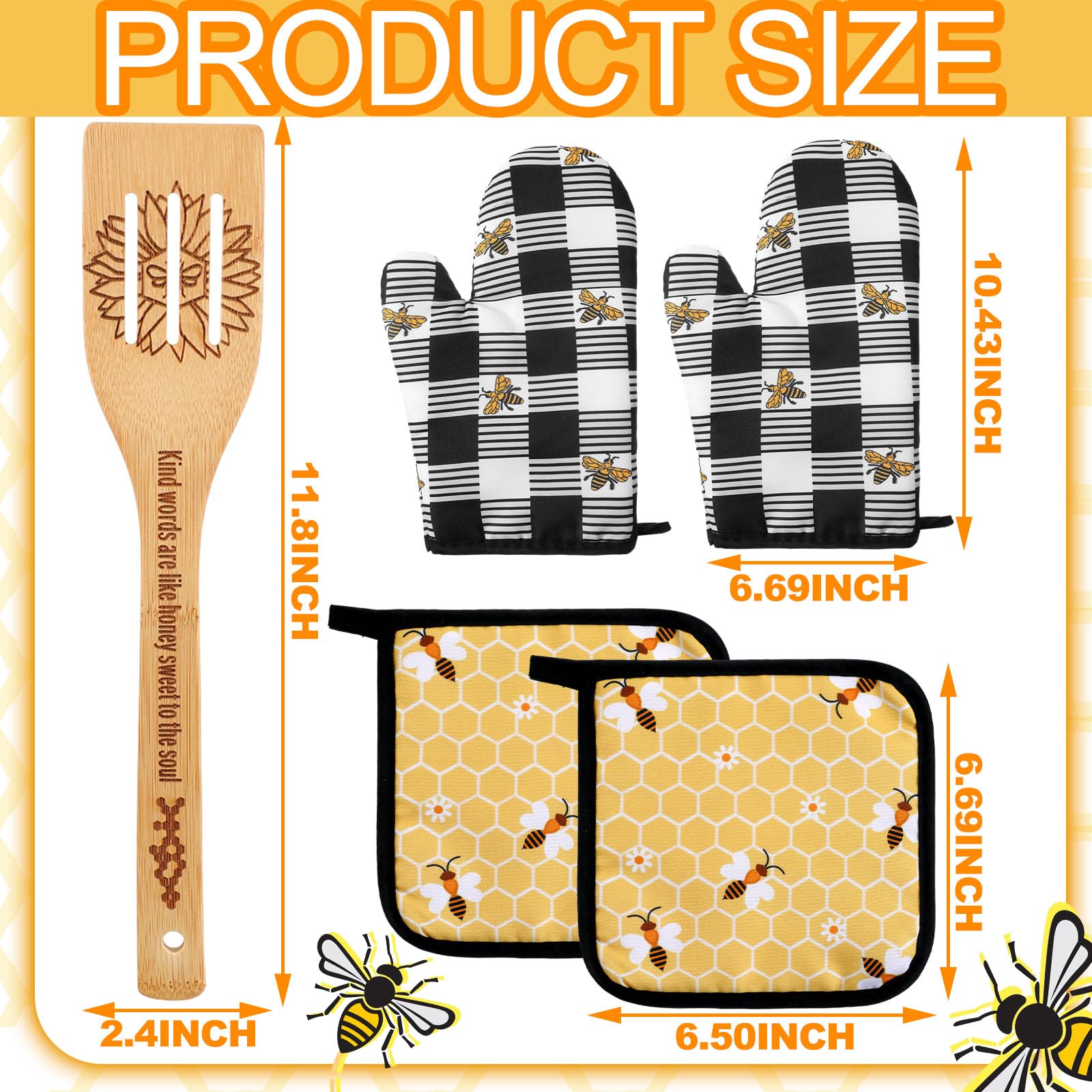 Bencailor 13-Piece Bee Sunflower Farmhouse Kitchen Set - 5 Wooden Spoons, 2 Kitchen Towels, 2 Aprons, 2 Oven Mitts & 2 Pot Holders - Rustic Home Decor for Housewarming, Bridal Shower & Country Kitchen (Black & Yellow Bee Theme)