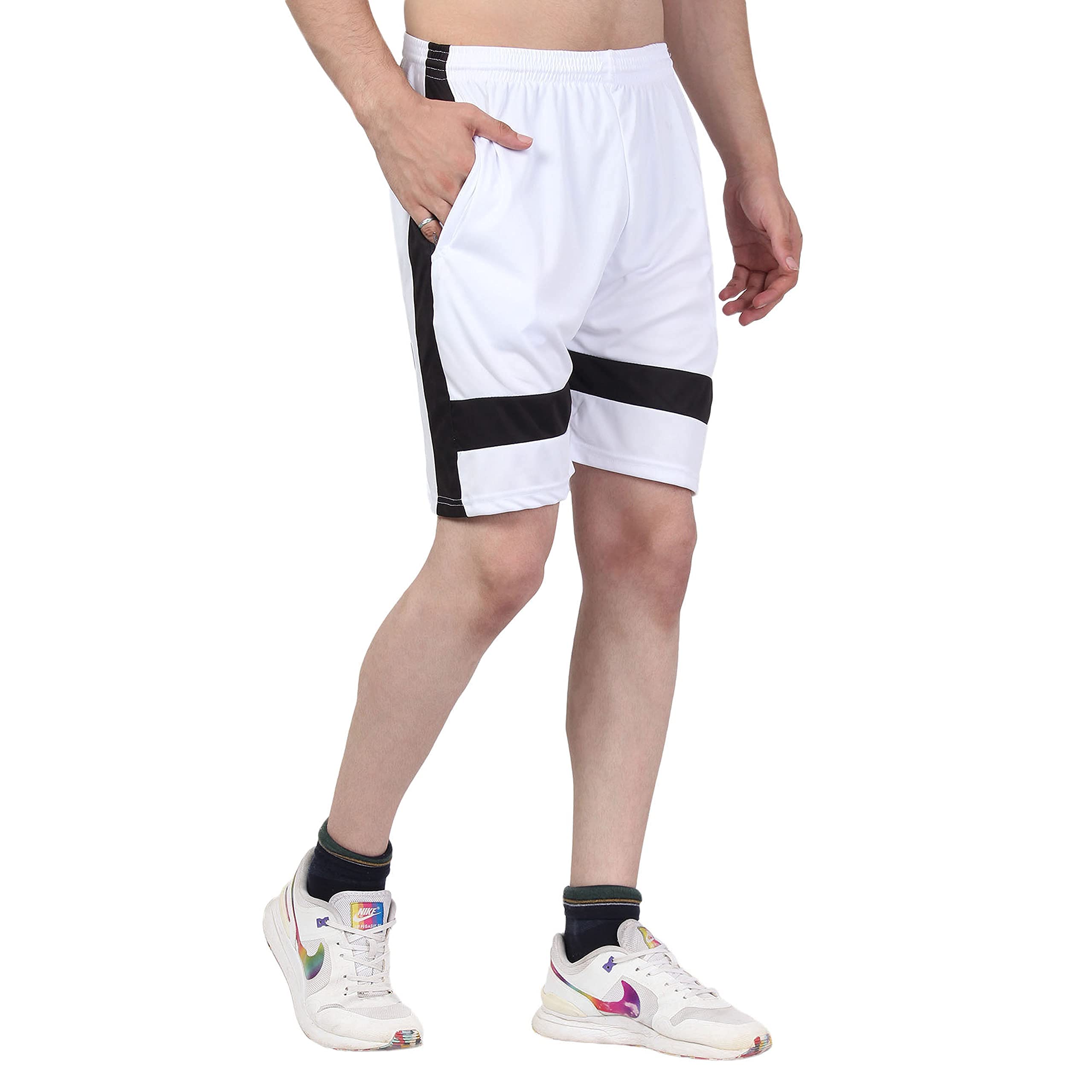Shape-X Dry Fit Sports Shorts with Zipper Pockets for Men & Women - White/Black | Gym Workout, Running, Yoga & Outdoor Activities