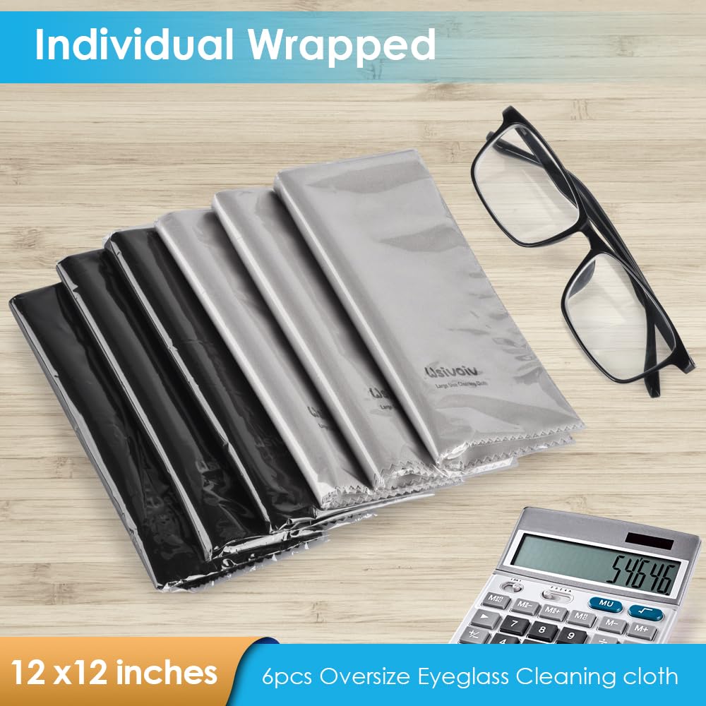 6PCS Premium Microfiber Eyeglass Cleaning Cloths - 12x12 Inches, Individually Wrapped for Glasses, Lenses, TV & Laptop Screens - Anti-Scratch & Easy Grip Design - Perfect for Home, Office, Travel & Daily Eyewear Care