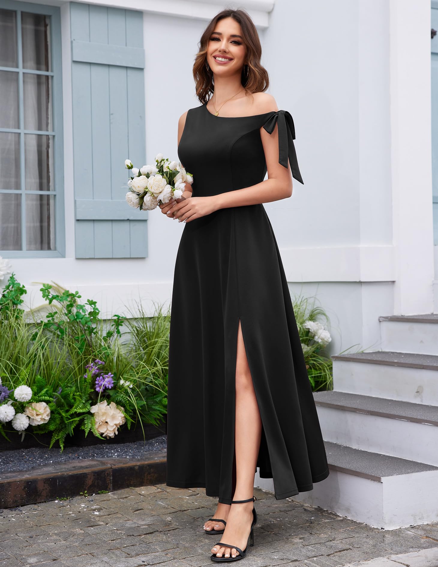 BeryLove Women's One Shoulder Tie Strap Formal Wedding Guest Dress - Elegant Split Maxi Cocktail Dress for Evening Parties, Bridal Showers & Special Occasions