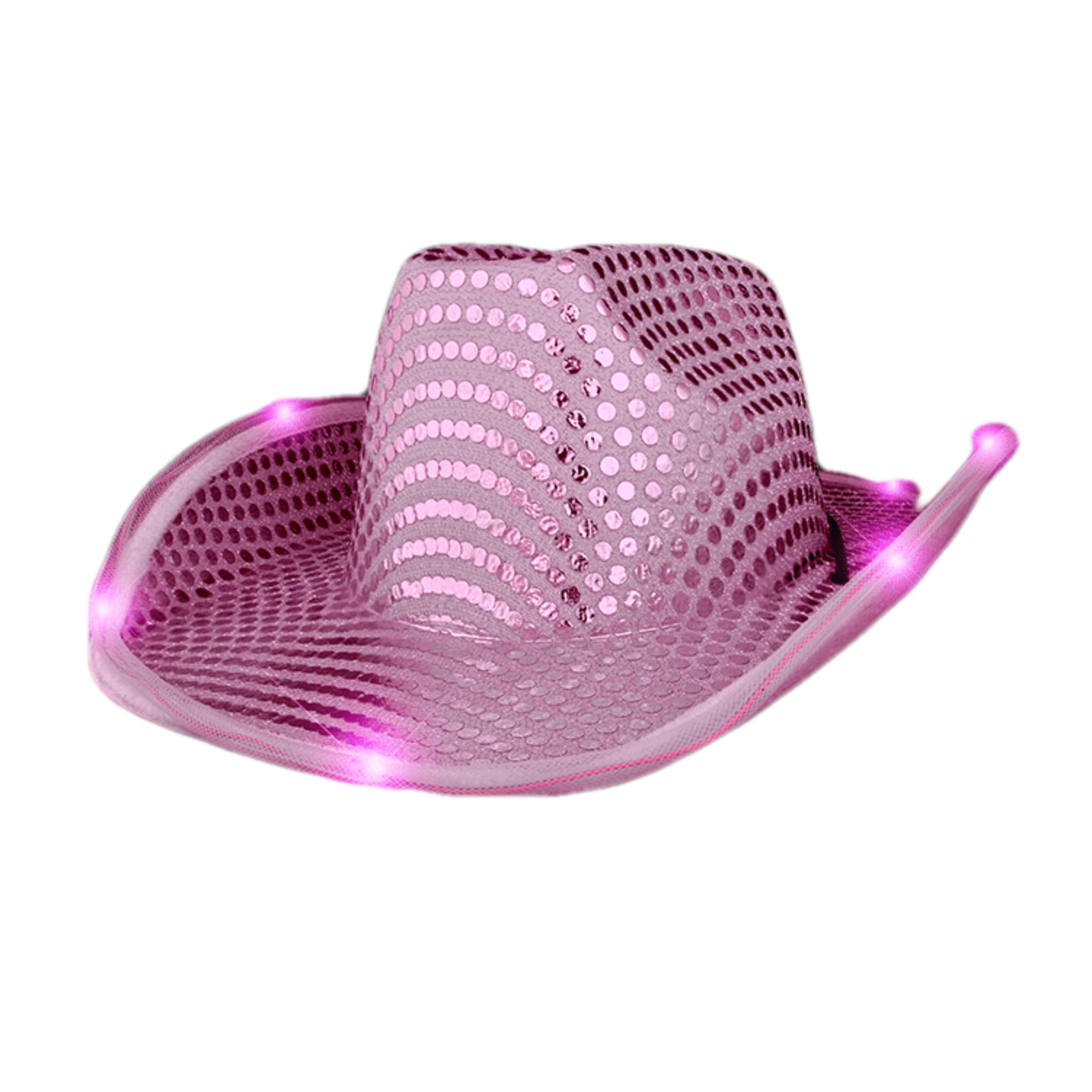 Blinkee Pack of 12 Pink Sequin Cowboy Hats with White LED Tiaras & Veils - Bachelorette Party Cowgirl Hats for Bridal Showers, Birthday Celebrations & Country Themed Events