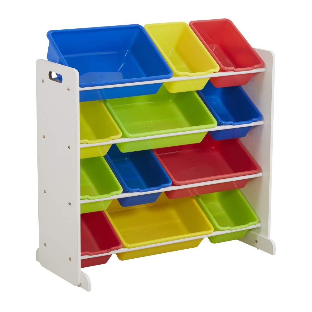 MengK Kids Toy Storage Organizer with 12 Plastic Bins - White & Primary Colors | Playroom Organization, Toy Storage Solutions for Kids Bedroom & Daycare