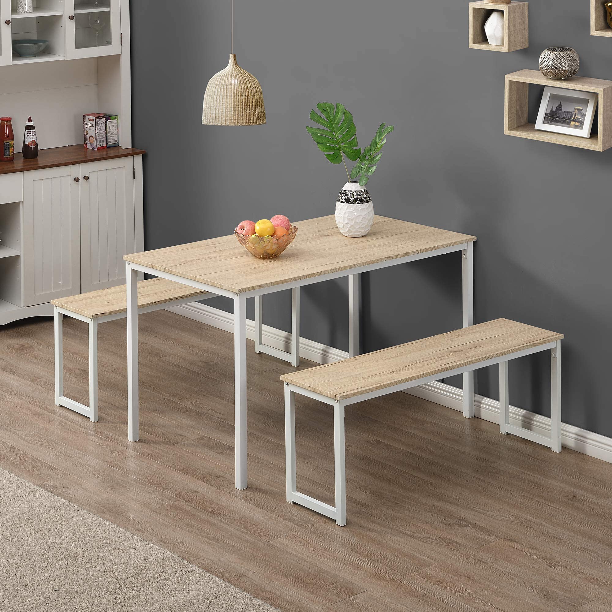 3-Piece Modern Dining Table Set with 2 Benches - Metal Frame & MDF Board Kitchen Table for Home, Apartment, Cafeteria | Durable Beige Furniture for Family Meals, Breakfast Nook & Small Space Dining