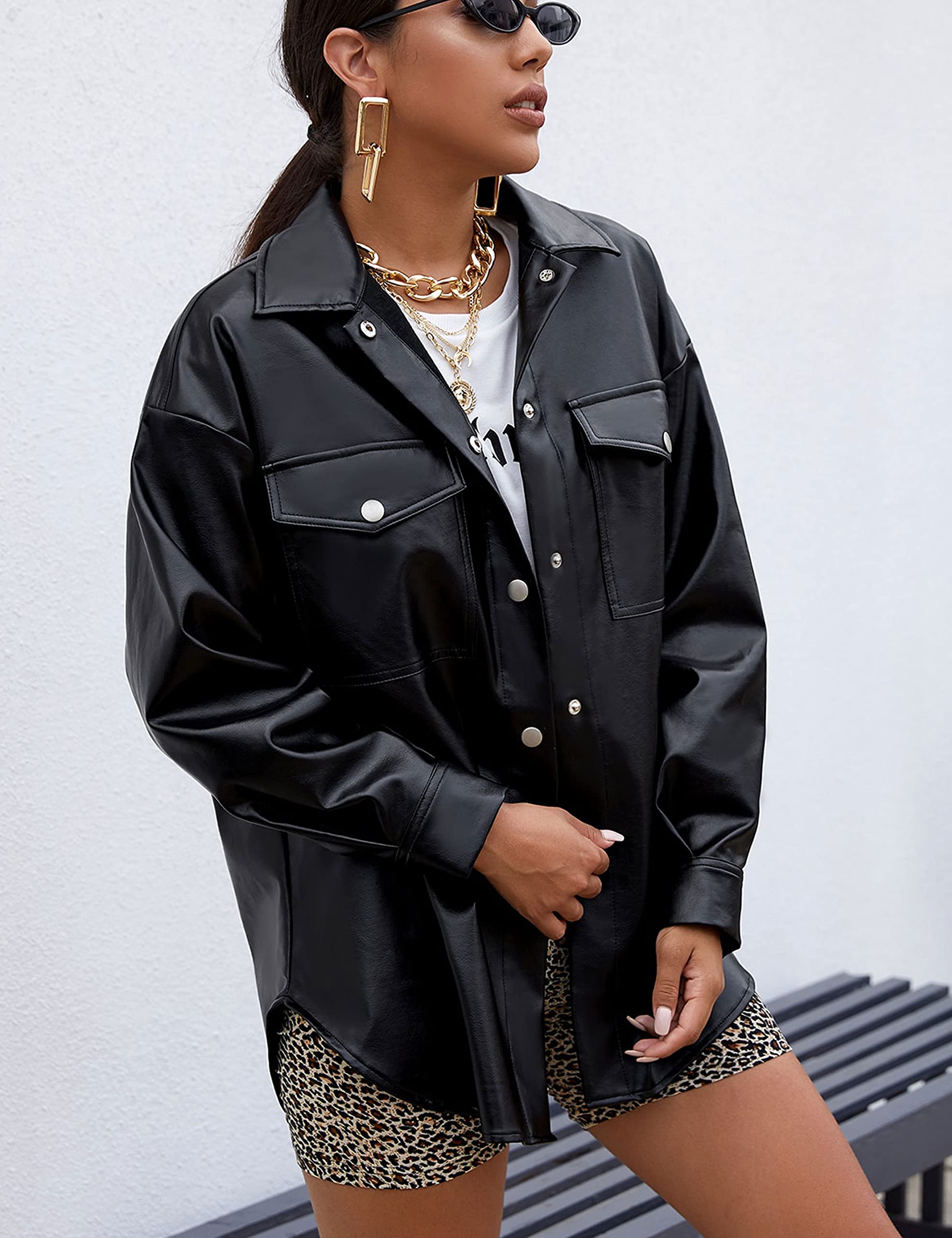 Zontroldy Women's Faux PU Leather Shacket Jacket - Stylish Button-Up Shirt Blazer Coat for Spring & Fall | Perfect for Office, Casual Outings & Date Nights