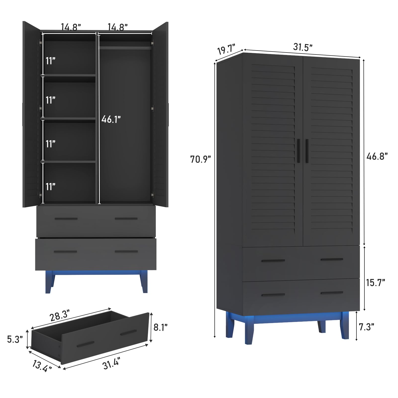 2 Door Wardrobe with LED Lights & Shelves - Large Storage for Bedroom Closet Organization