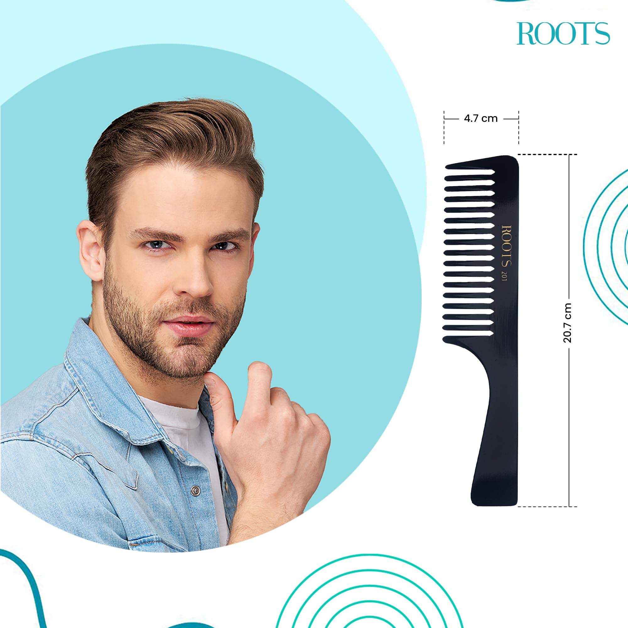 Roots Professional Detangling & Shampoo Comb - Black Fine Teeth Paddle Comb for Men & Women - Lightweight Hair Styling Tool for Daily Use - Pack of 1 (Model 201) - Perfect for Wet Hair, Thick Curly Hair & Salon Styling