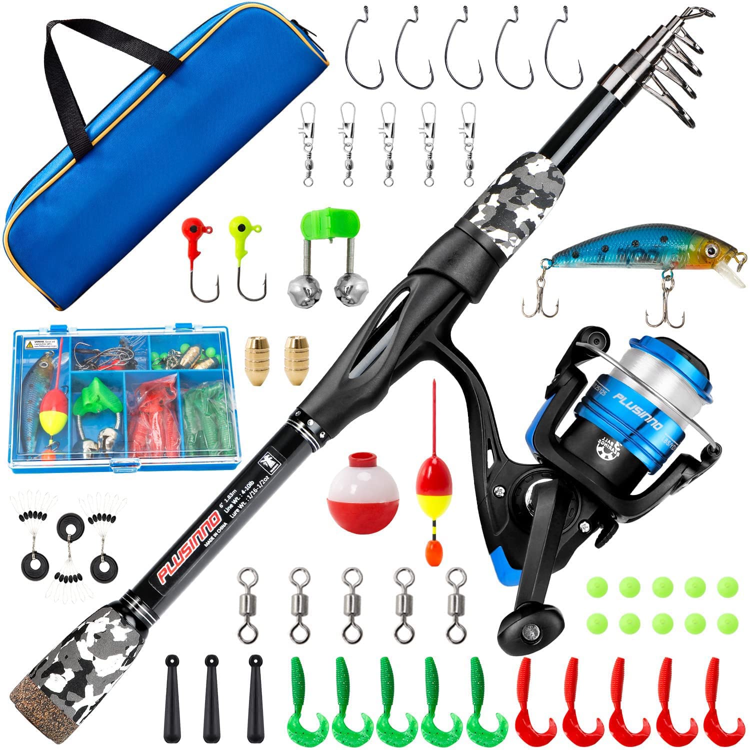 PLUSINNO Kids Fishing Pole - Telescopic Fishing Rod and Reel Combo Kit with Spinning Reel & Tackle Box for Boys Girls Youth - Perfect for Beginners, Outdoor Camping, Beach & Lake Fishing Adventures