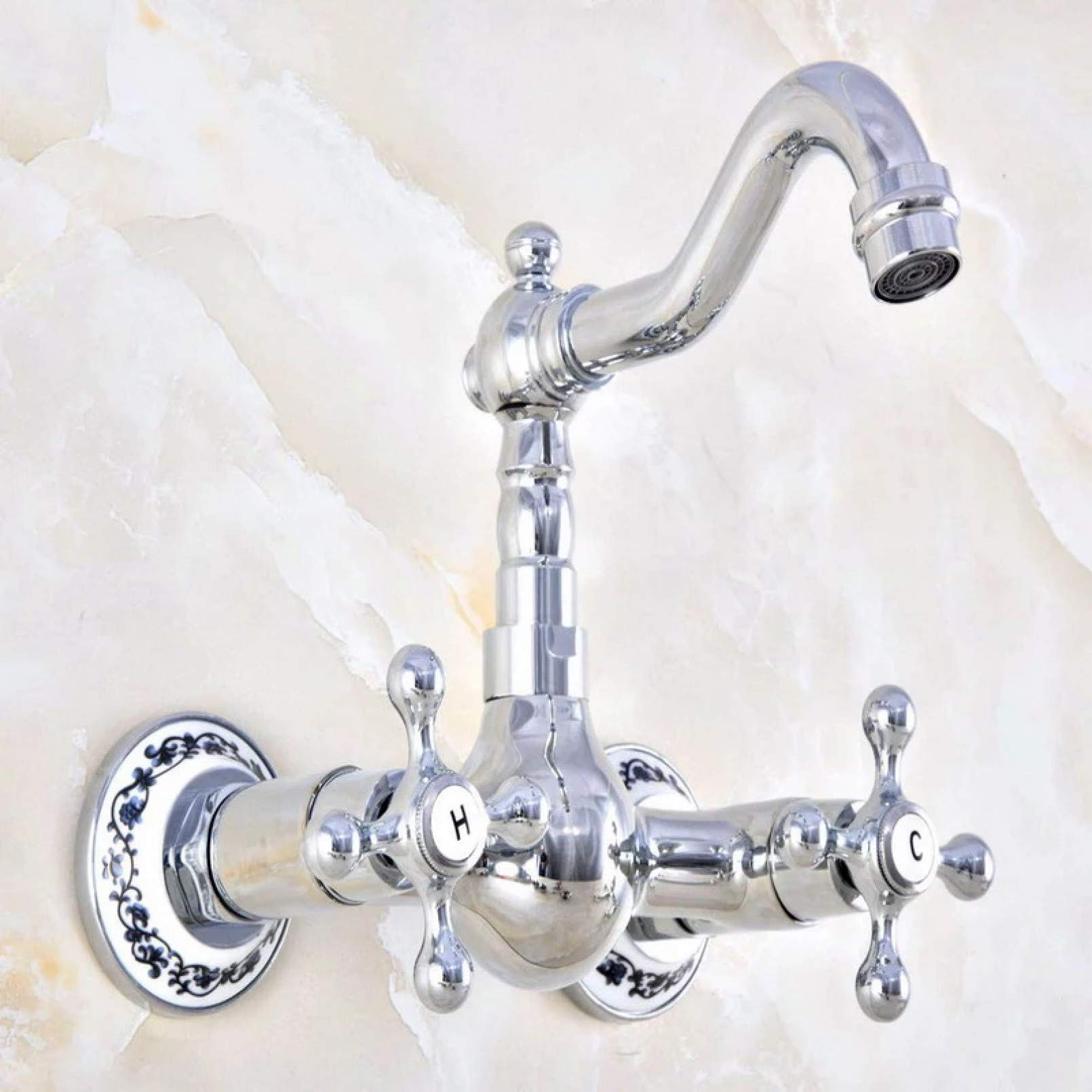 Polished Chrome Brass Ceramic Base Wall-Mounted Bathroom & Kitchen Sink Faucet with Swivel Spray - Double Cross Handle for Modern Home & Commercial Use