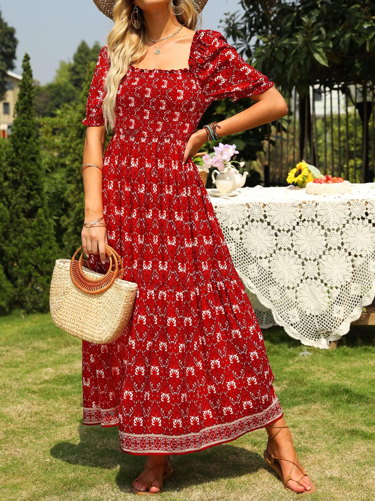 ZESICA Women's 2025 Summer Floral Maxi Dress - Boho Square Neck Ruffle Swing Beach Dress for Vacation, Wedding Guest & Outdoor Parties