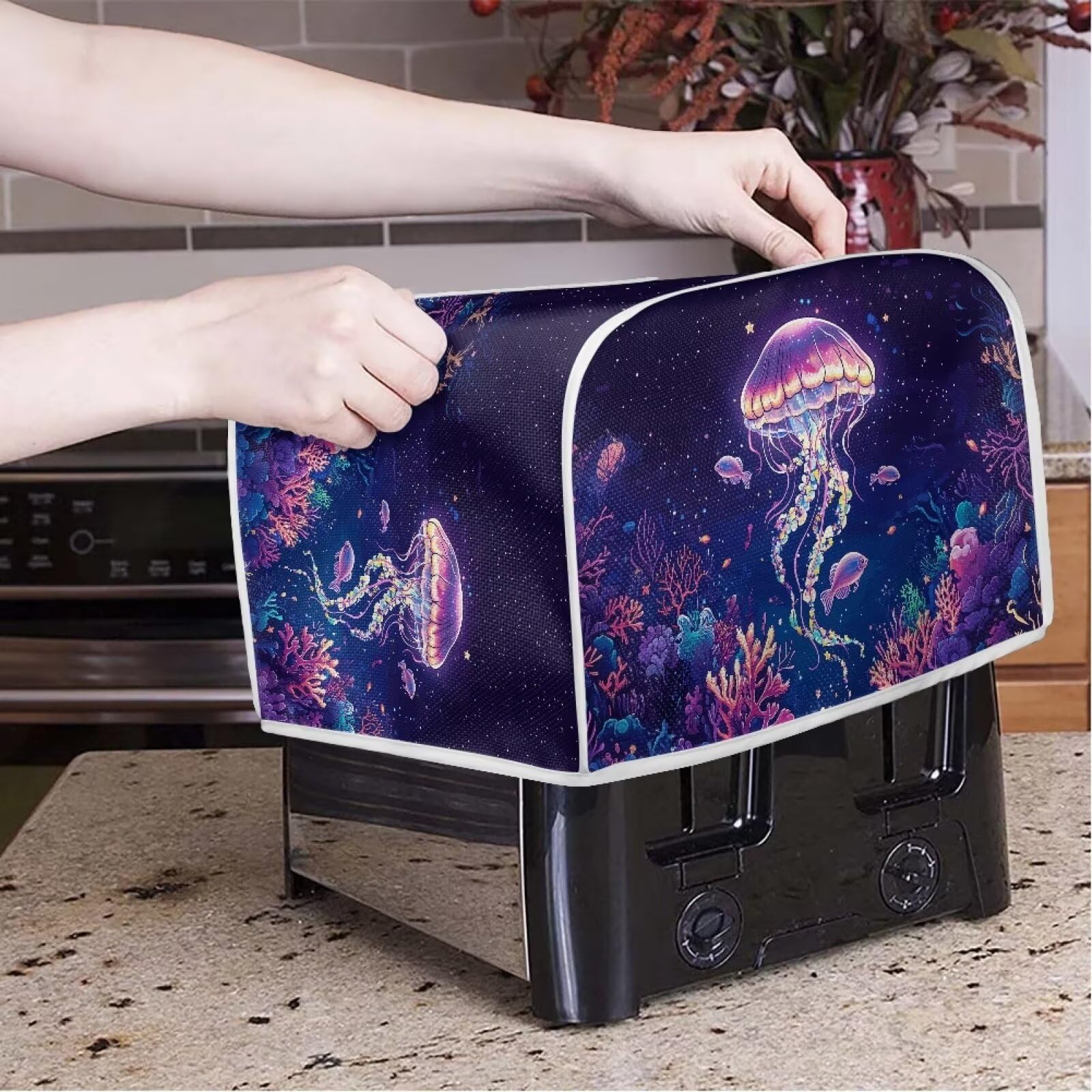 Washable Jellyfish & Water Plants Print Toaster Cover - 2 Slice Dust Protection Cloth for Bread Maker & Toaster Oven | Kitchen Appliance Accessories | Perfect for Home, Cafe & Restaurant Use