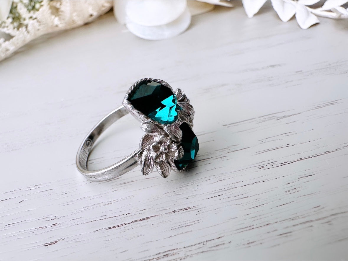Vintage 70s Emerald Double Heart Love Story Ring - May Birthstone Cocktail Jewelry - Chunky Costume Ring - Sarah Coventry Inspired - Perfect for Vintage Lovers, Anniversary Gifts & Boho Fashion