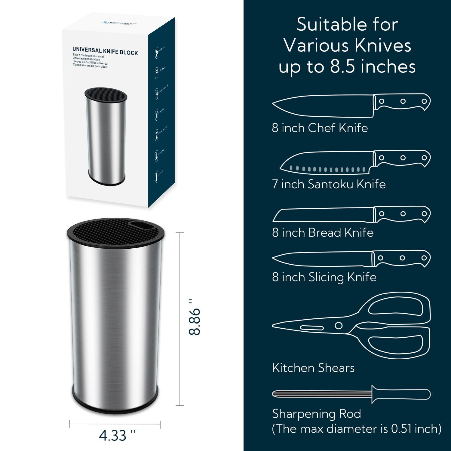 Universal Stainless Steel Knife Block - Round Kitchen Knife Holder (Knives Not Included) - Modern Countertop Space Saver with Scissor Slots - Detachable Design for Easy Cleaning - Perfect for Home Kitchens, Restaurants & Culinary Enthusiasts