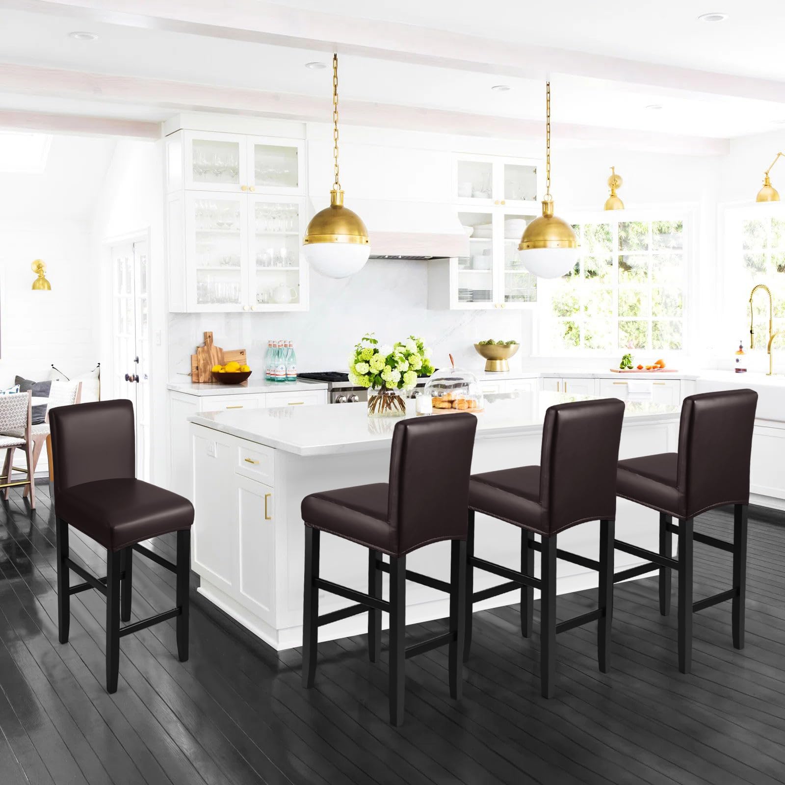 Stretch Waterproof PU Bar Stool Covers - Washable & Removable Slipcovers with Elastic Bands (4 Pack, Coffee Brown) - Perfect for Kitchen Counter, Dining Room & Pub Stools