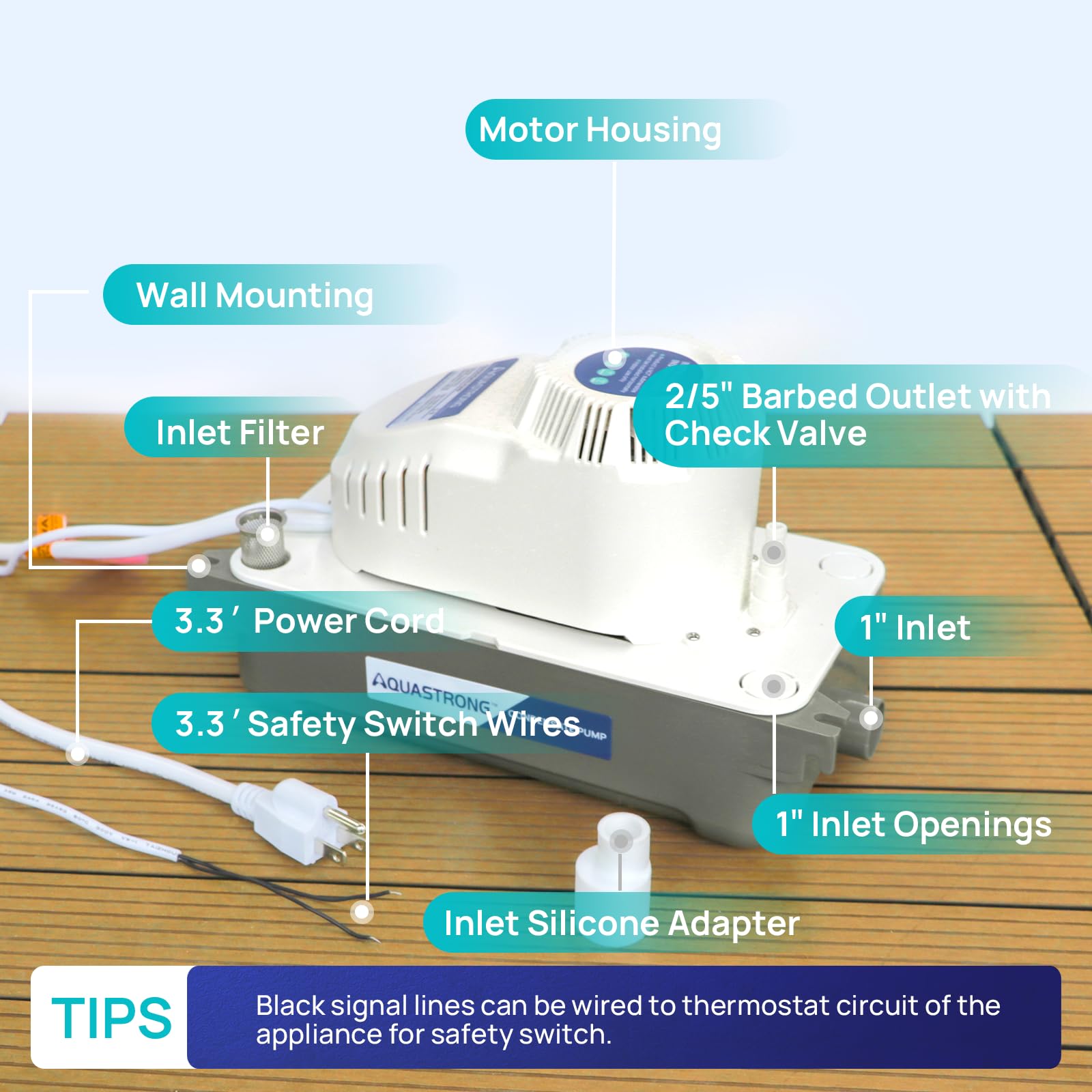 Aquastrong 115V 70 GPH HVAC Condensate Pump with Automatic Safety Switch - AC Condensate Removal Pump for Air Conditioner, Furnace, Dehumidifier - 3.3' Power Cord - Perfect for Home, Office, and Commercial HVAC Systems