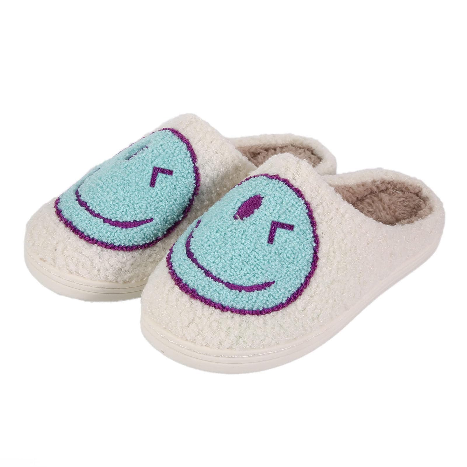 Geibiu Women's Cute Smile Slippers - Retro Soft Plush House Shoes for Indoor/Outdoor Use - Warm Cozy Fuzzy Fluffy Happy Face Slippers - Perfect for Home, Dorm, Lounge & Casual Wear