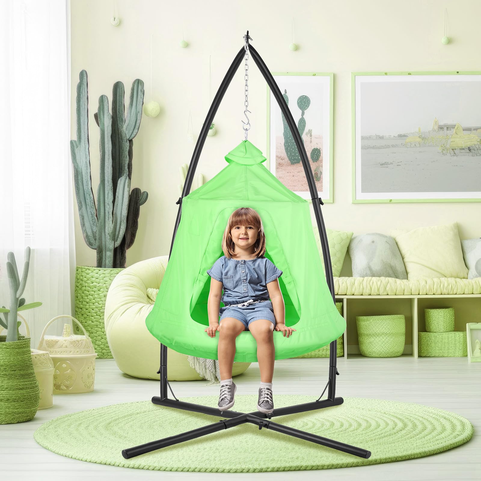 **Arlopu Hanging Hammock X-Stand with Tree Tent - Indoor & Outdoor Metal Swing Chair Stand for Play Tent, Egg Basket Patio Seat, Porch, Bedroom, Balcony - Adjustable Solid Support Stand (Green) - Perfect for Relaxing, Camping, and Backyard Lounging**