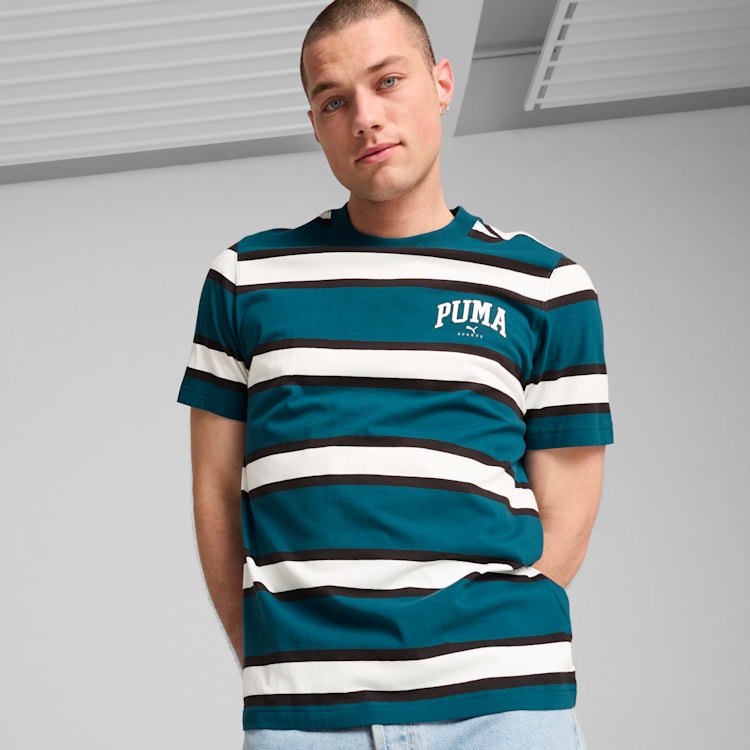 PUMA Men's Squad Stripe Green T-Shirt - Breathable Cotton Casual Tee for Gym, Workout & Everyday Wear