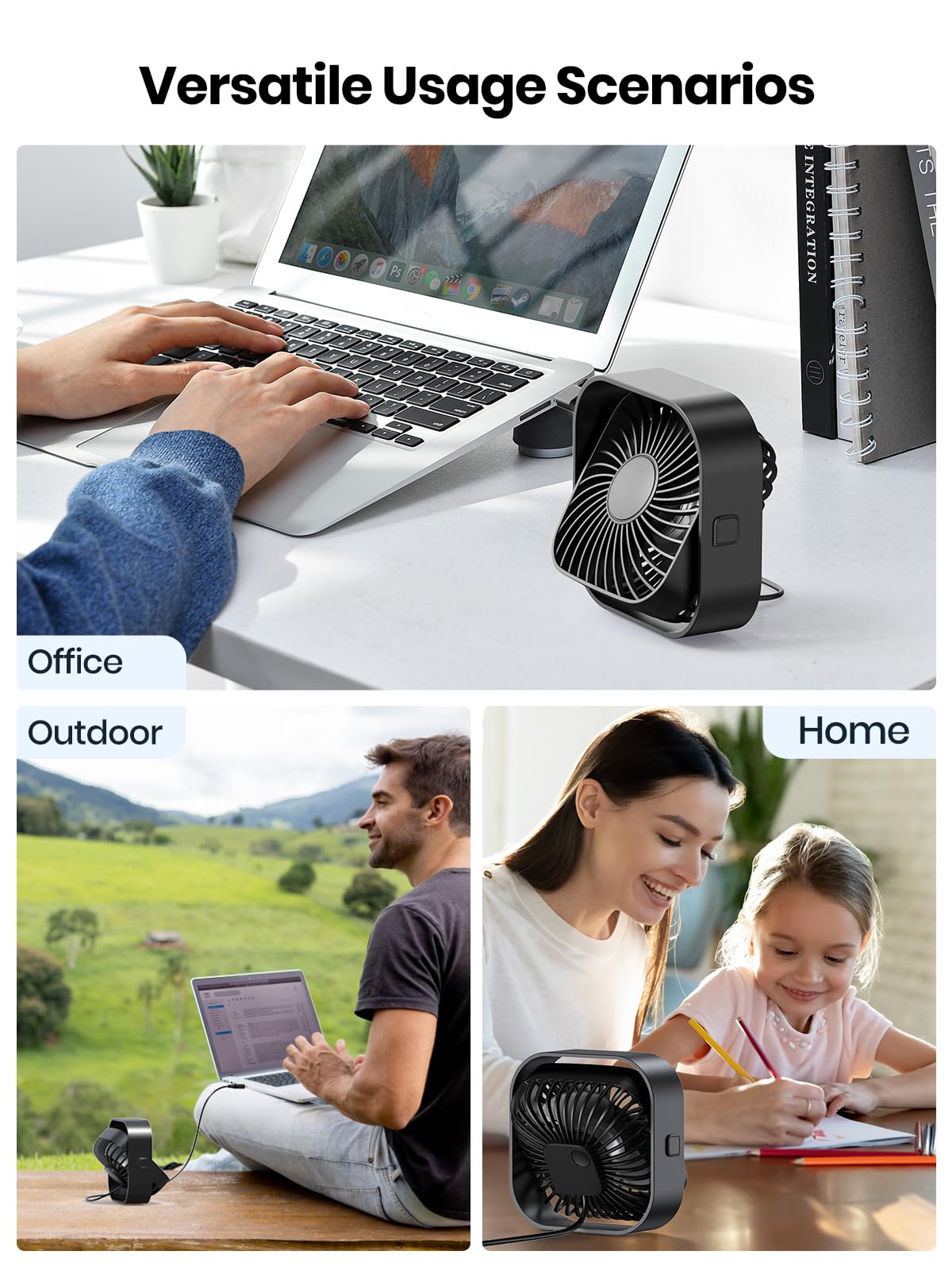 TOPK 2-Pack Mini USB Desk Fan - Portable Personal Fan with Strong Airflow & Quiet Operation, 3-Speed Adjustable, 360° Rotatable Head - USB Powered Small Fan for Home, Office, Desk, Table | Perfect for Workspaces, Dorm Rooms & Travel