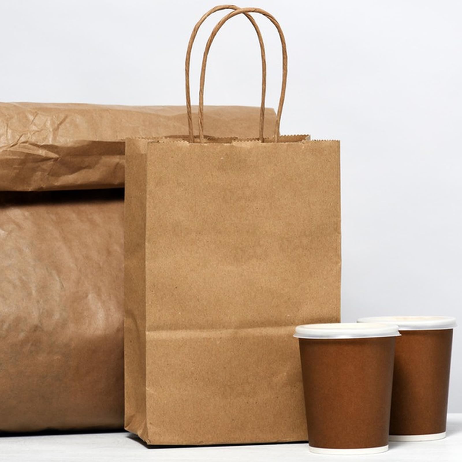 XPCARE 100Pcs Kraft Paper Gift Bags with Handles - 5.25x3.25x8.25 Inches Small Brown Shopping Bags Bulk for Retail, Parties, Wedding Favors & Gift Packaging