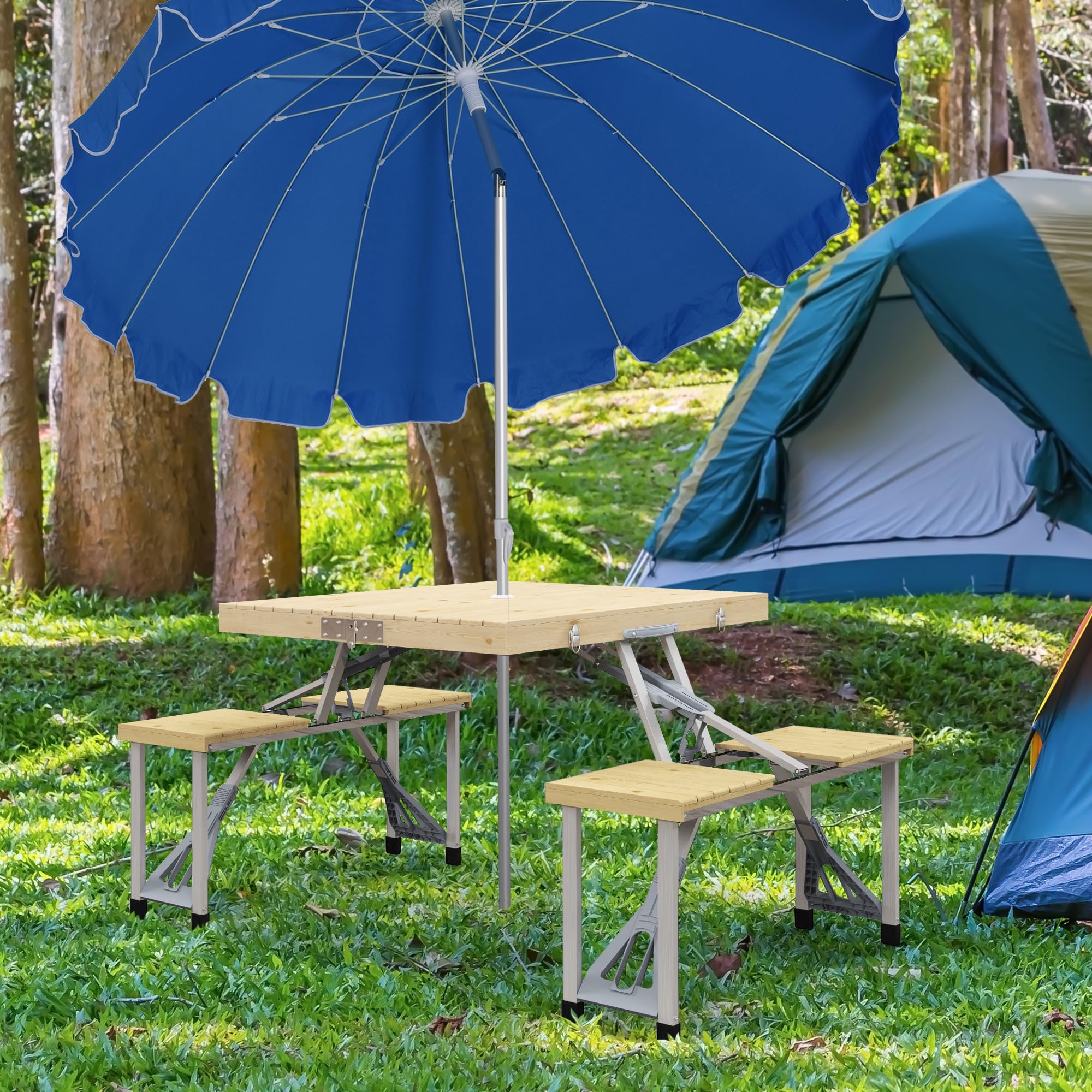 Outsunny 4-Person Folding Picnic Table Set with Chairs - Portable Aluminum Camping Table with Umbrella Hole & Natural Wood Finish - Perfect for Outdoor Dining, Backyard BBQs, Beach Trips and Camping Adventures