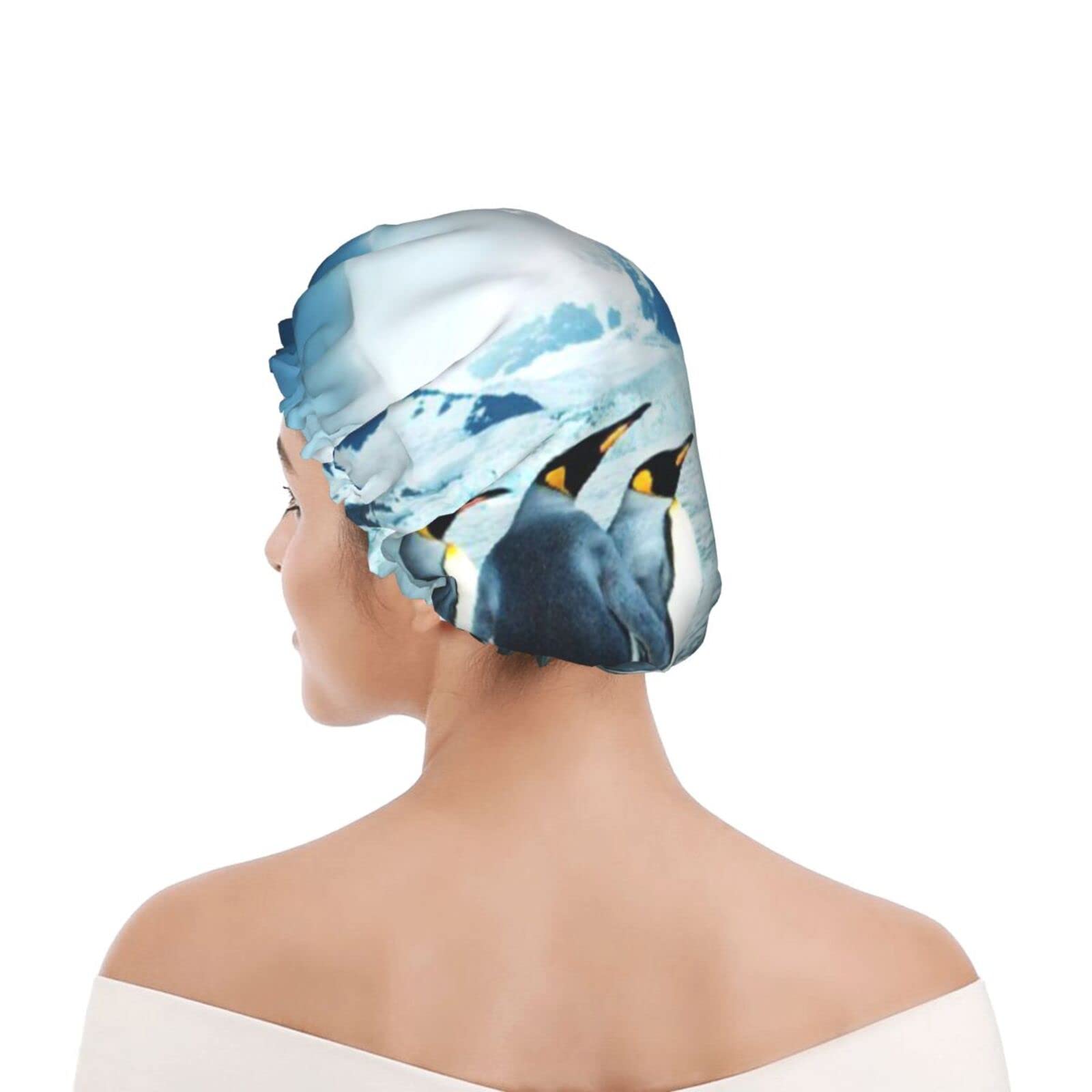 Waterproof Reusable Shower Cap for Women - Cute Penguin Design Bathing Hair Cover - Perfect for Shower, Spa & Swimming (2-Pack)