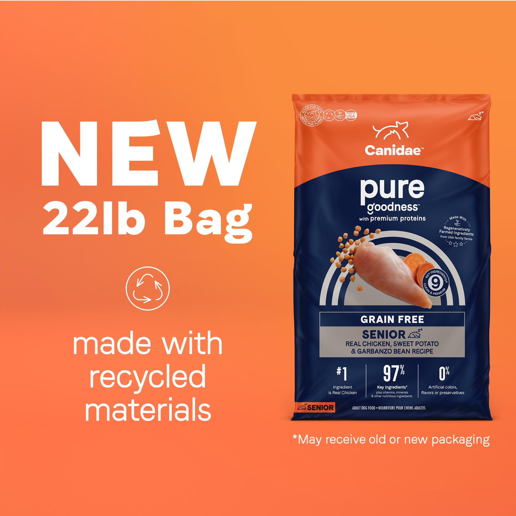 Canidae Pure SENIOR Dry Dog Food - Real Chicken, Sweet Potato & Garbanzo Bean Recipe, 22 lb Bag - High Protein Senior Dog Food for Joint Health & Digestion - Perfect for Aging Dogs with Sensitive Stomachs