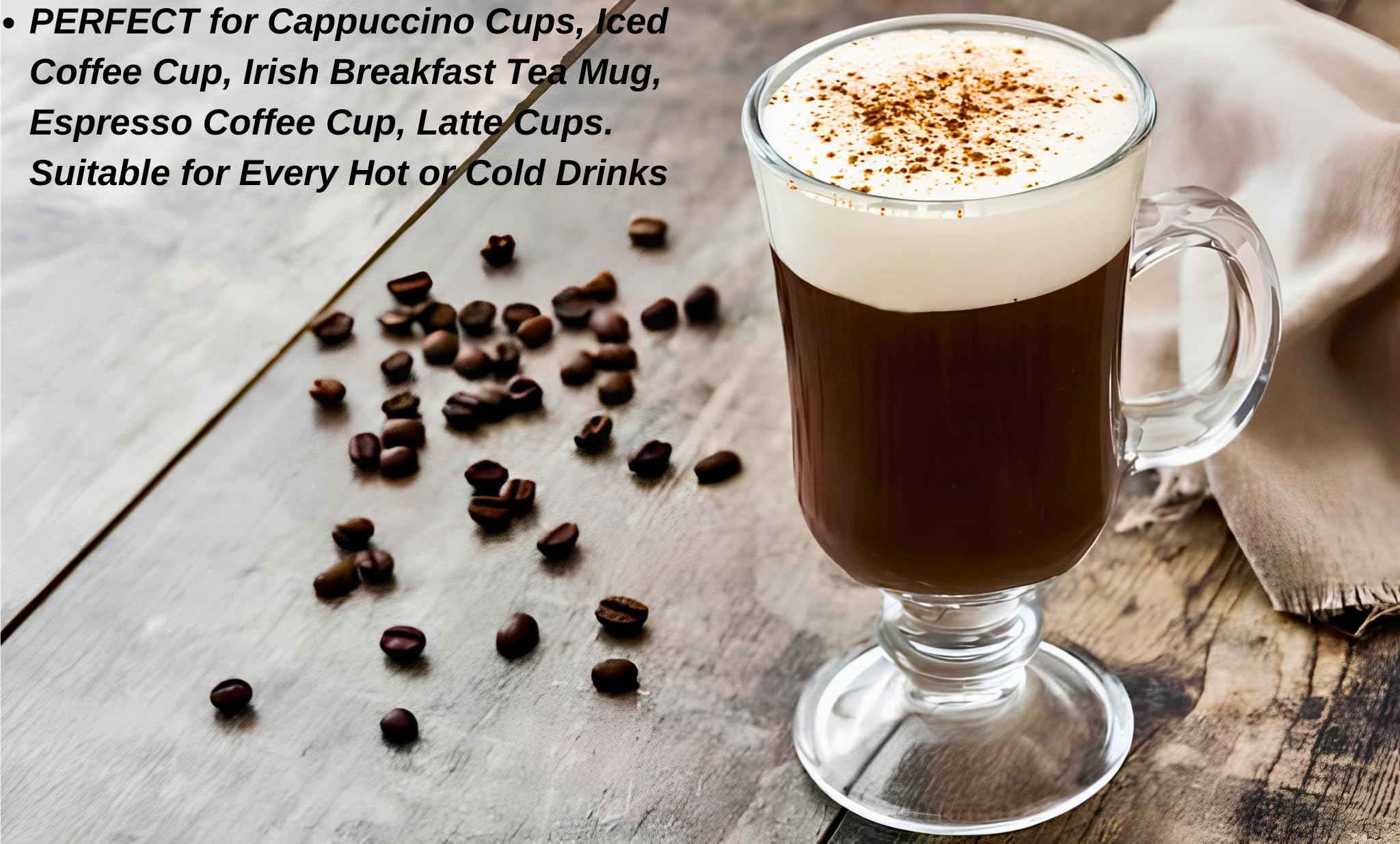 Premium Irish Glass Coffee Mugs Set of 2 - Clear Footed Latte Cups with Handle for Hot & Cold Drinks - 7.5 oz Glass Mugs for Irish Coffee, Cappuccino, Tea, Hot Chocolate & Ice Cream - Perfect for Home, Cafe & Gifts