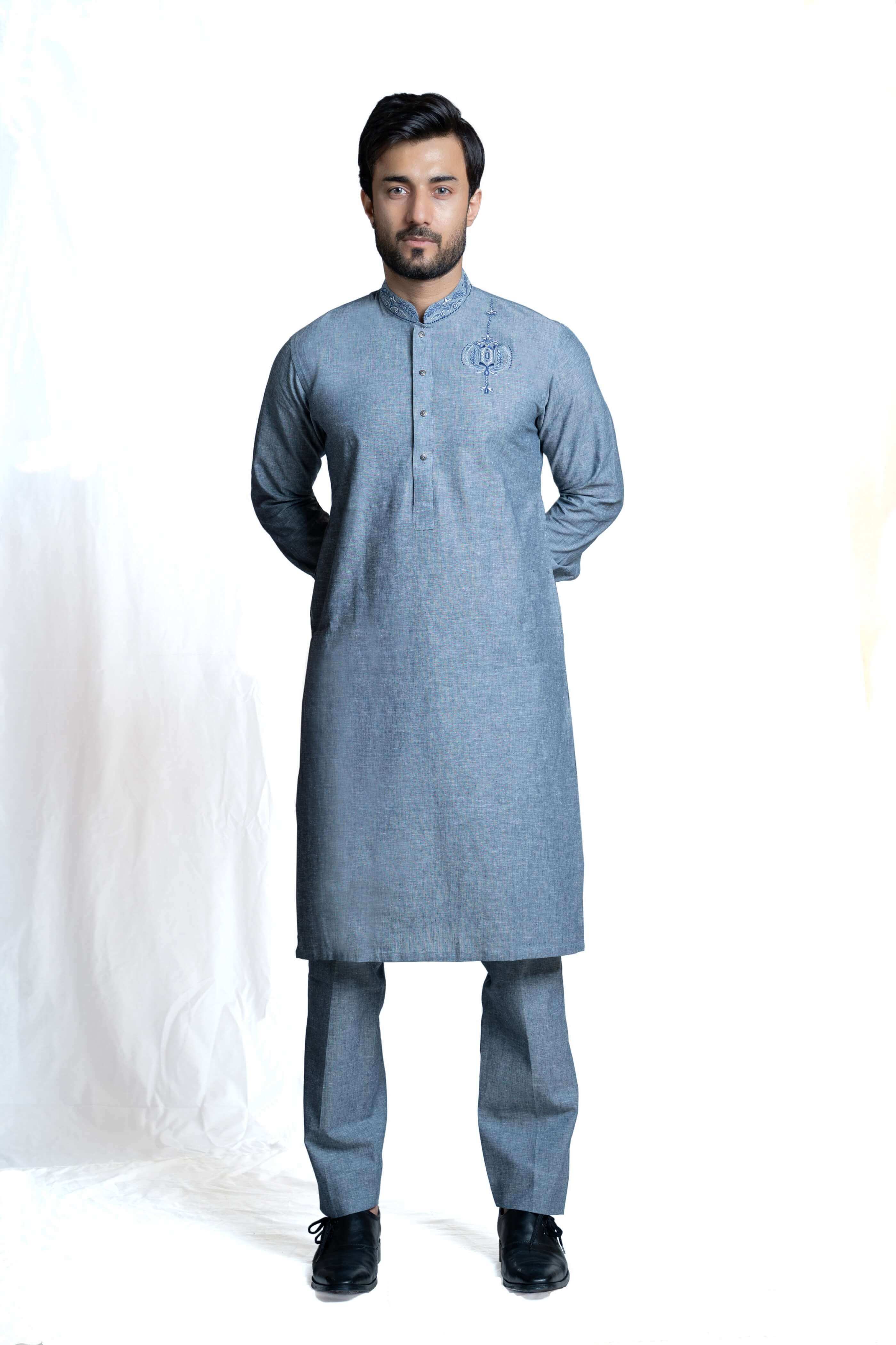 Grey & Blue Embroidered Linen Kurta Pant Set - Classic Fit for Men | Traditional Indian Ethnic Wear for Weddings & Festivals