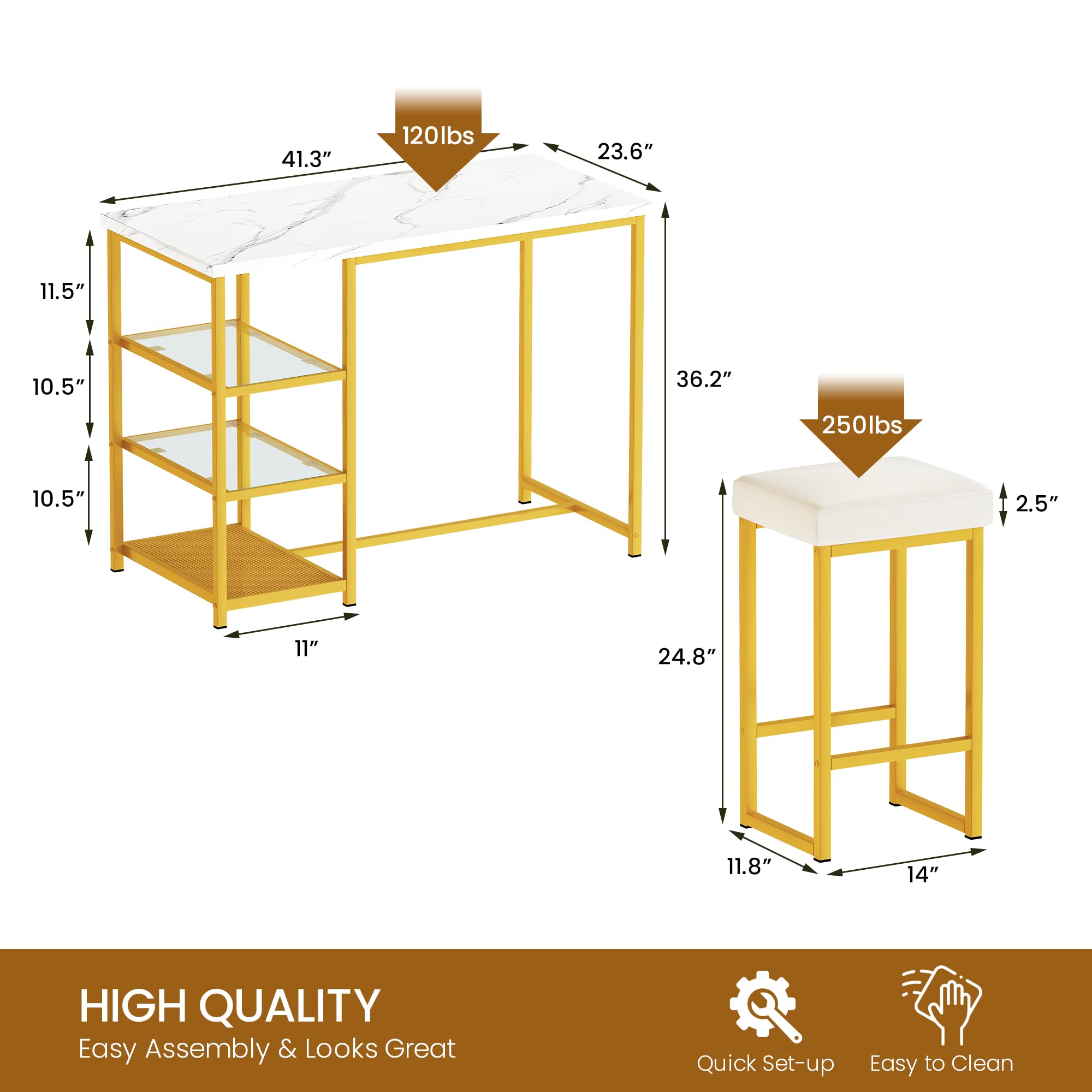 Modern 2-Person Kitchen Island Dining Set with Storage - Faux Marble Table & 2 Stools, Gold & White - Perfect for Small Spaces, Apartments, Kitchens & Dining Rooms