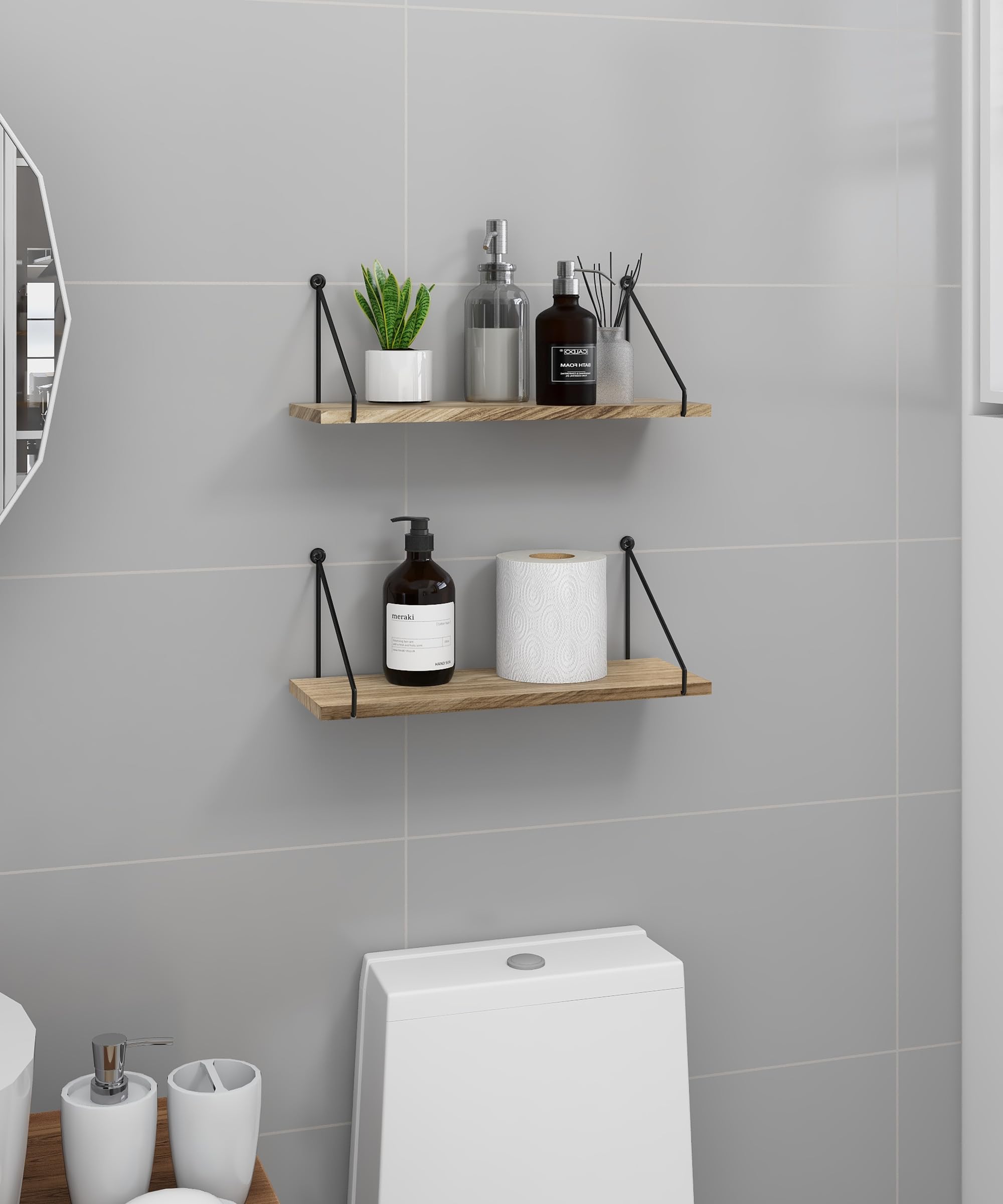 Rustic Floating Shelves for Wall - Set of 2 Wooden Storage Shelves with Metal Brackets - Perfect for Bathroom, Kitchen, Bedroom, Living Room & Office Decor - Farmhouse Style Home Accessories for Organizing & Displaying Items