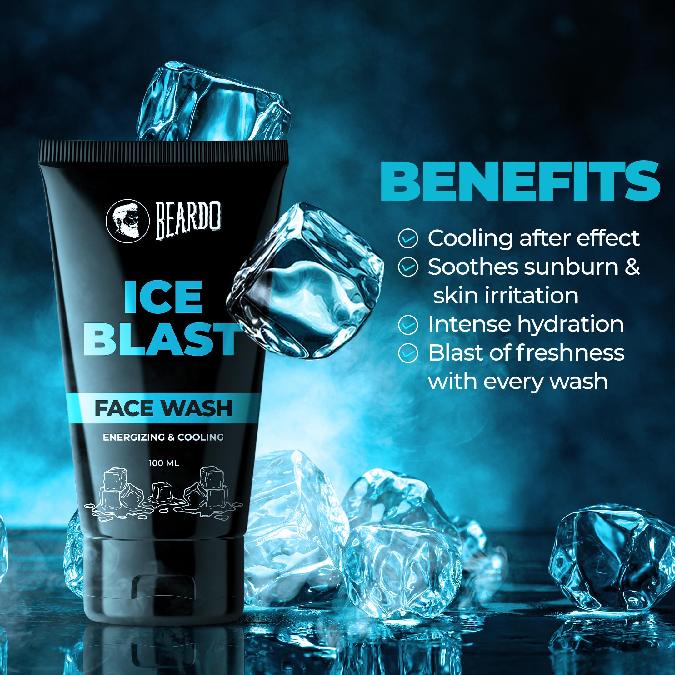 BEARDO Ice Blast Cooling Face Wash for Men - 100ml | Instant Cooling & Hydrating with Aloe Vera, Vitamin E & Menthol | Refreshing Facial Cleanser for Oily & Normal Skin | Perfect for Post-Workout, Morning Routine & Hot Weather Use