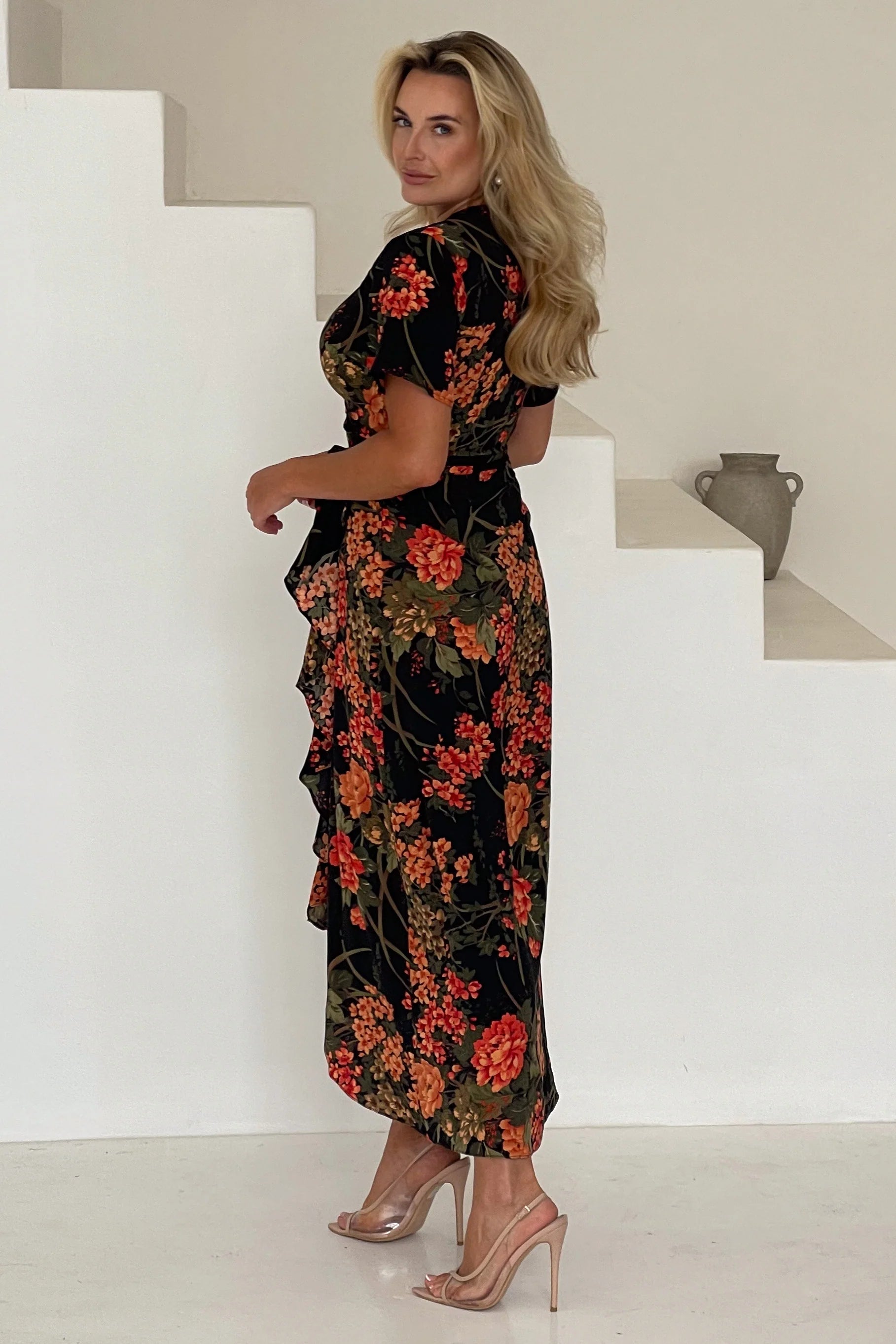 Farrah Split Hem Frill Maxi Dress - Brown Floral Print Summer Beach Dress for Women | Boho Chic Vacation Outfit, Wedding Guest Dress, Date Night Dress
