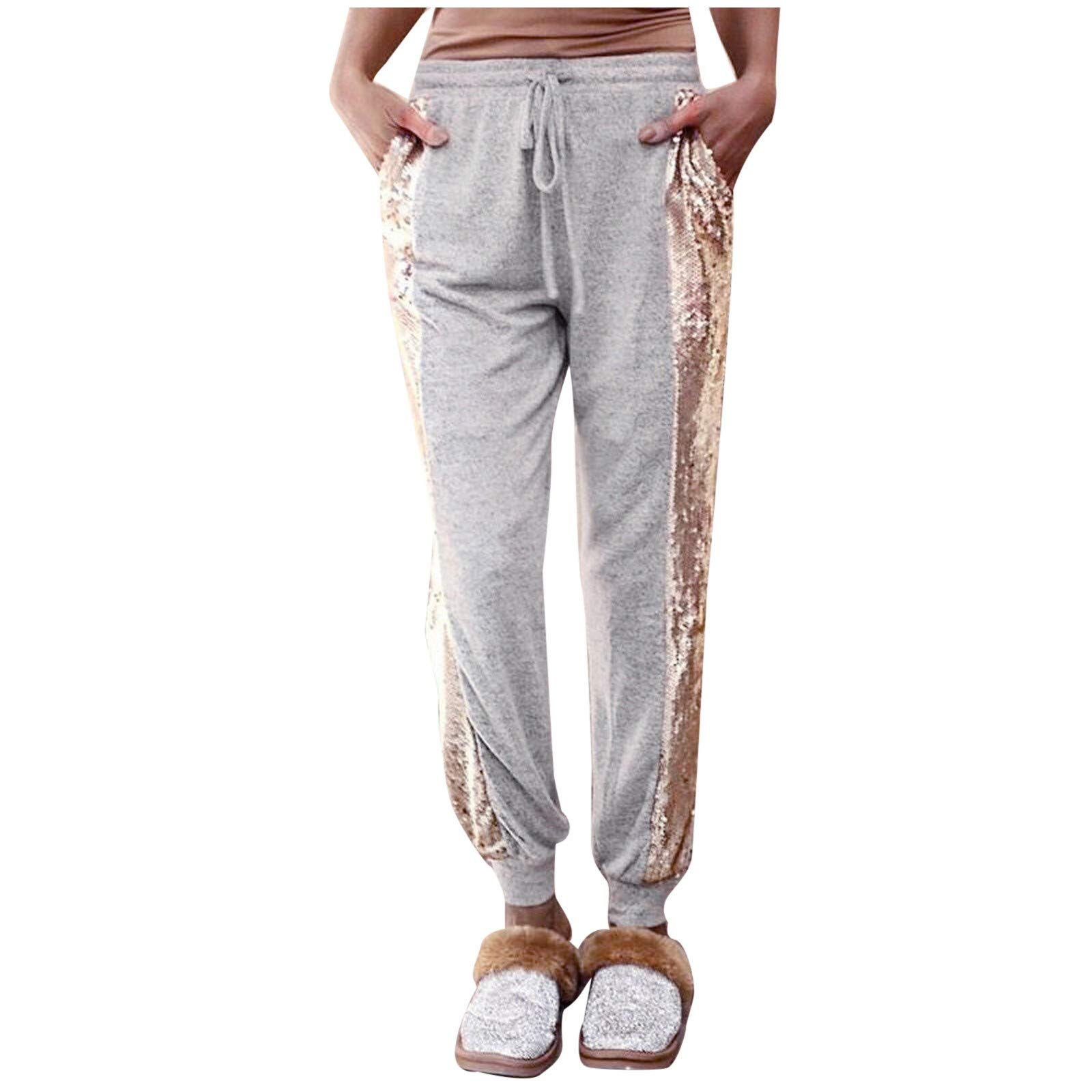 Posijego Women's Summer & Fall Loose Fit Sequin Sparkly Bandage Patchwork Pants - Casual Work Sweatpants for Women | Perfect for Office, Party & Everyday Wear (Style E7)
