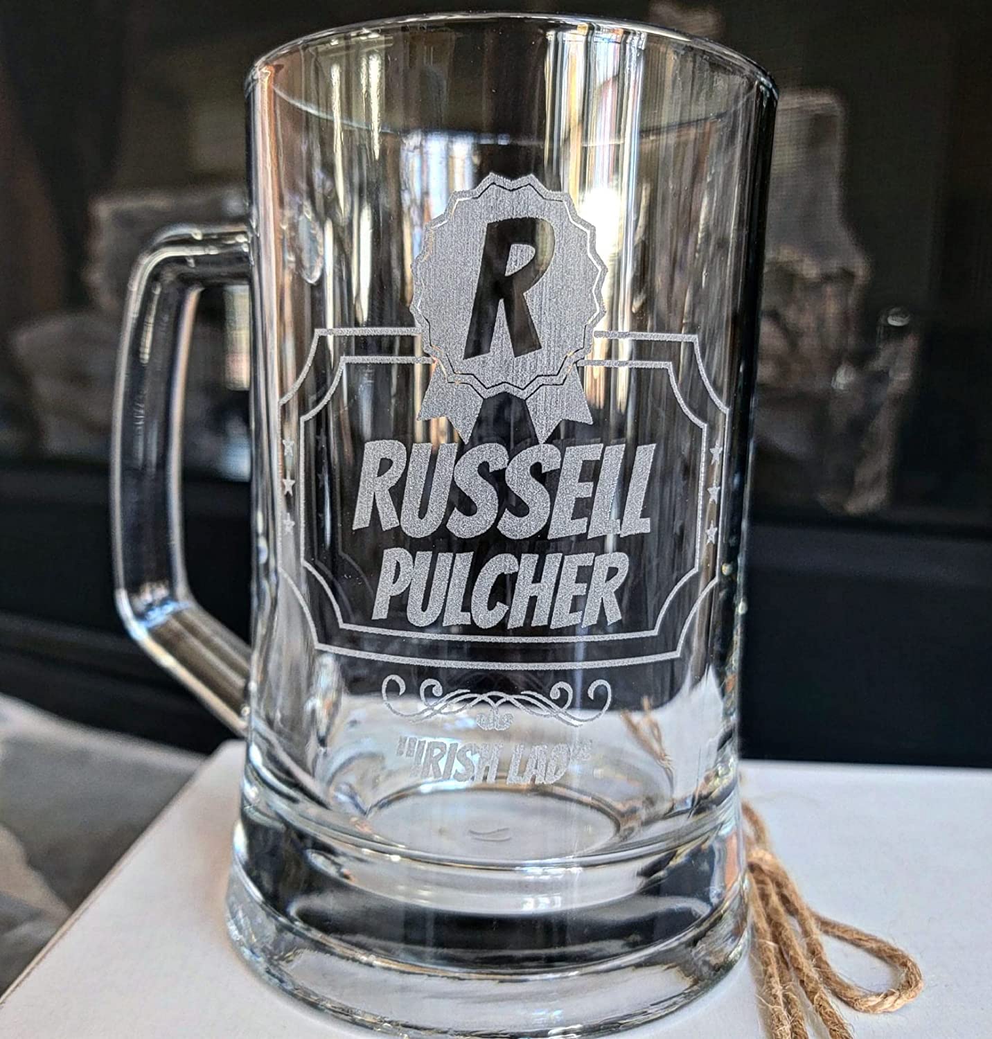 Personalized 16oz Beer Mug with Custom Badge Design - Clear Glass Drinking Cup - Great for Wedding, Anniversary, Birthday, Housewarming & Graduation Gifts - Perfect for Parties, Home Bar & Man Cave Decor