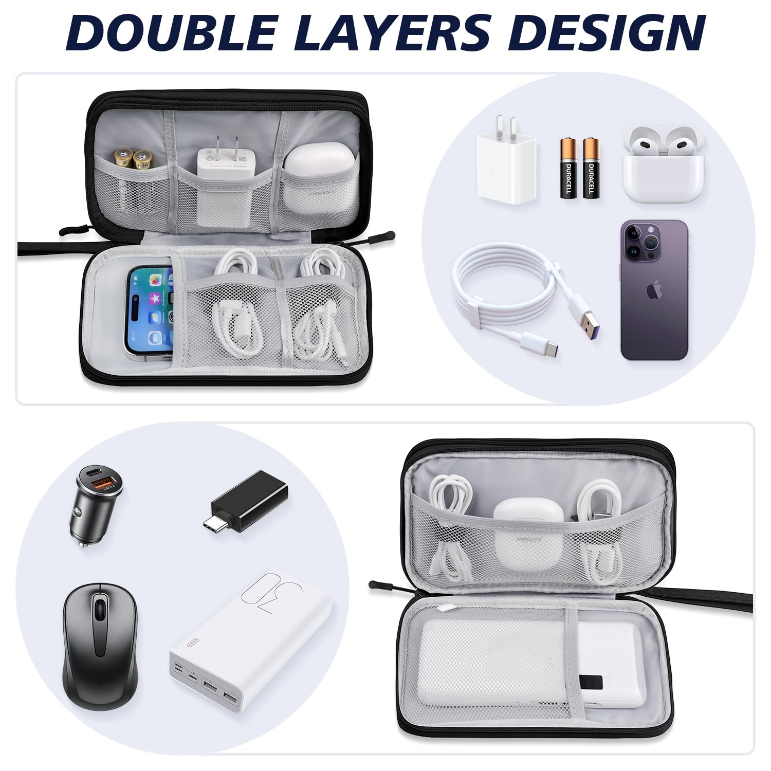 Electronics Organizer Travel Case - Waterproof Double Layer Tech Pouch for Cables, Chargers, Phones & Earphones - Perfect Travel Accessory for Men & Women (Black) | Ideal for Business Trips, Vacations & Daily Commute