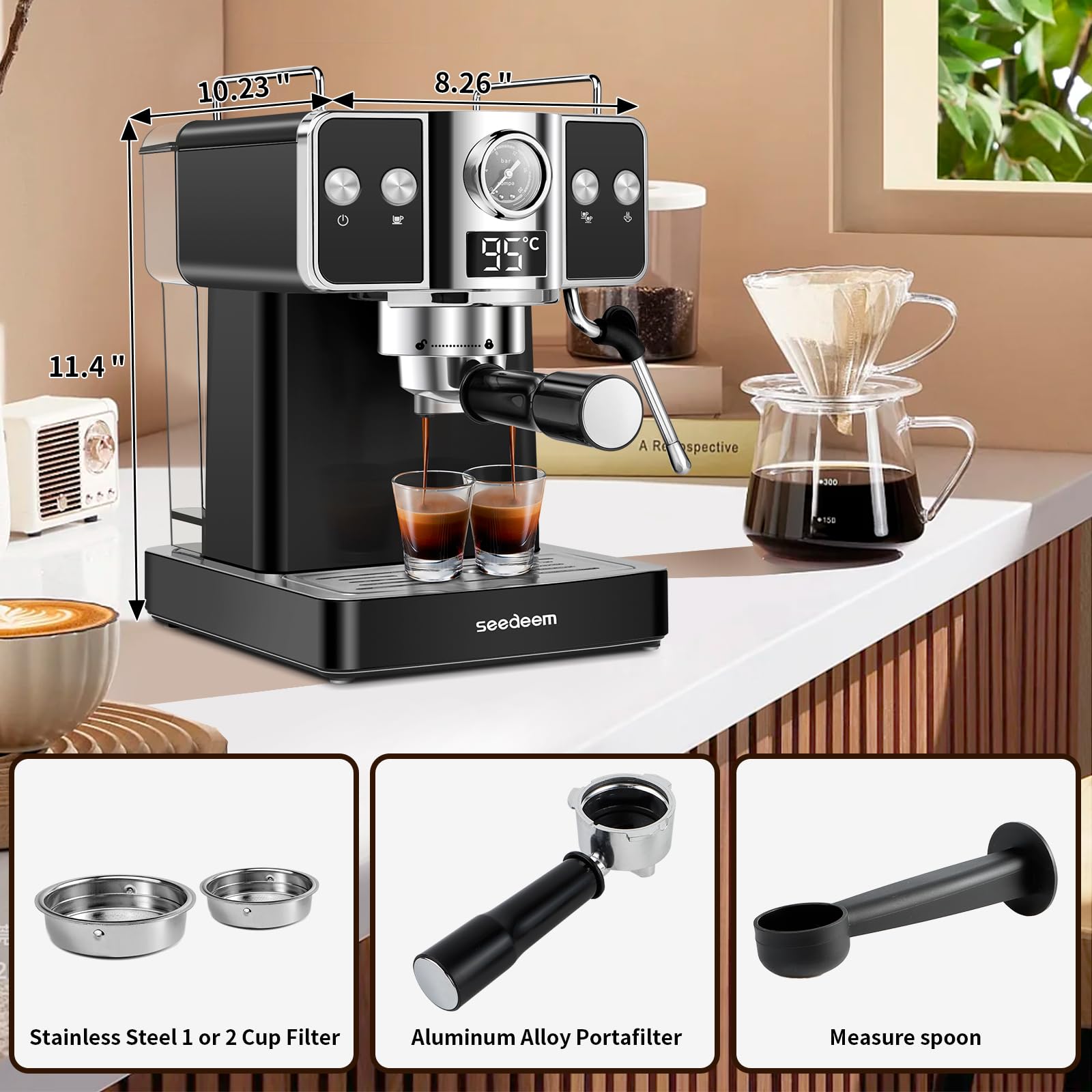SEEDEEM 20 Bar Espresso Machine with Milk Frother - Stainless Steel Latte & Cappuccino Maker, 1.8L (60 Fl Oz) Removable Water Tank - Perfect for Home Baristas & Coffee Lovers