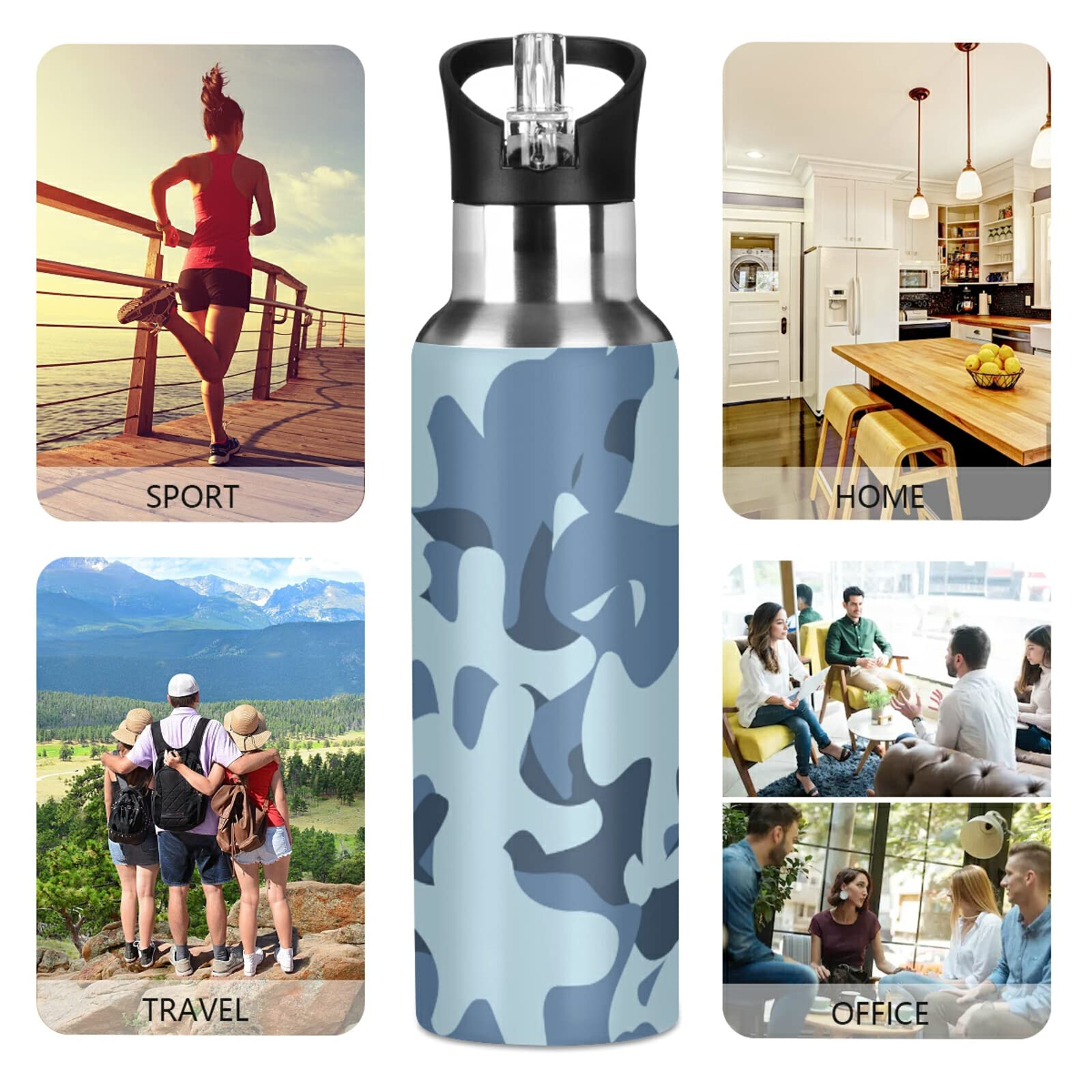Emelivor 20oz Insulated Stainless Steel Water Bottle with Straw - Light Blue Camo for Gym, Hiking & Camping