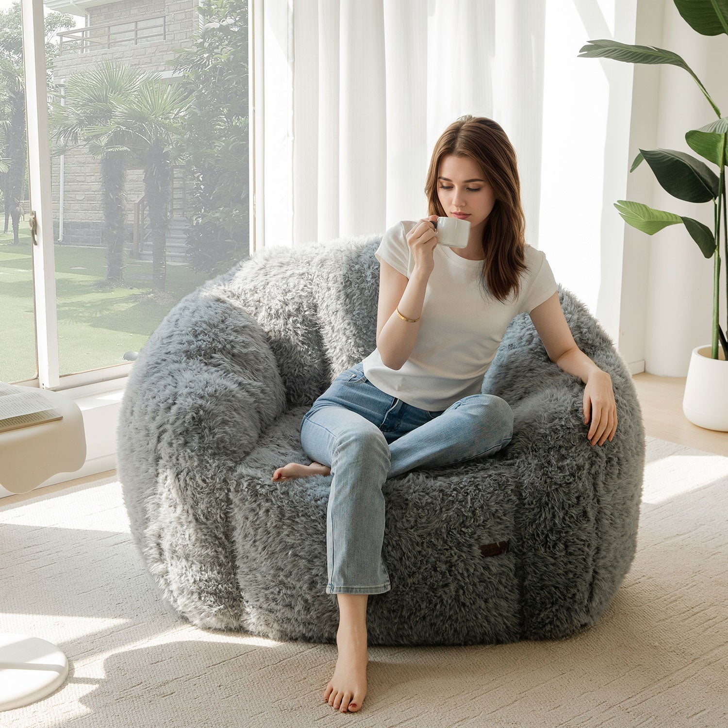 MAXYOYO Giant Bean Bag Chair - Fluffy Shaggy Floor Sofa with Shell Design for Ultimate Comfort, Grey - Perfect for Living Room, Bedroom, Game Room & Dorm Relaxation